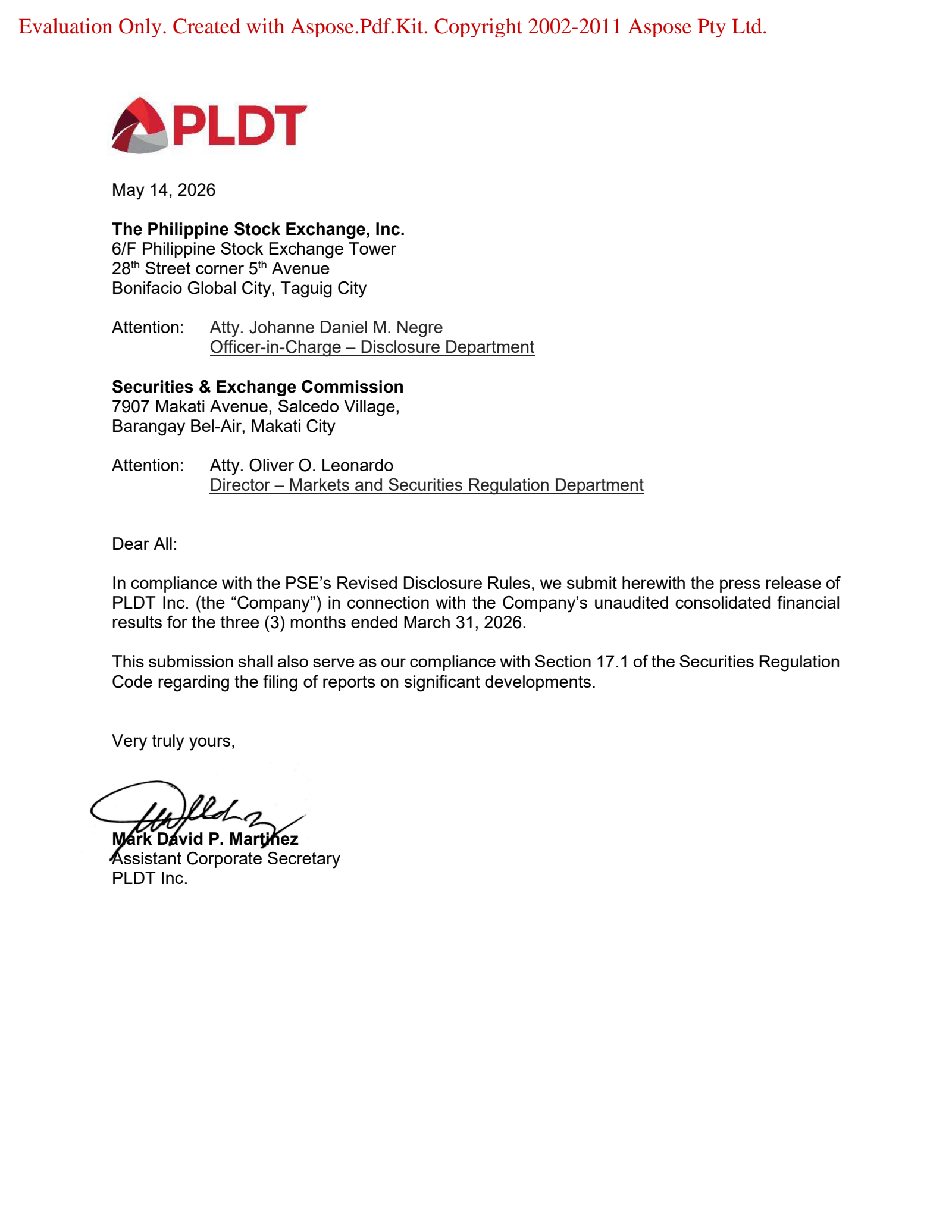 PLDT's Q1 2026 Press Release