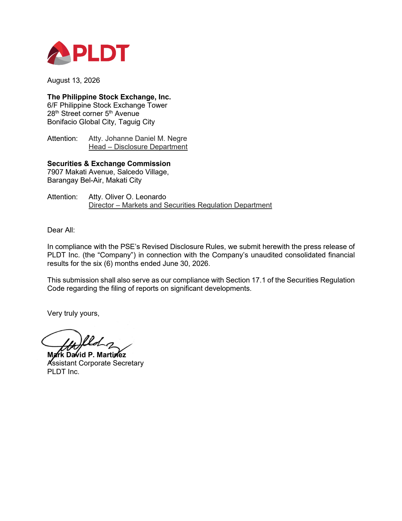 PLDT's Q2 2026 Press Release