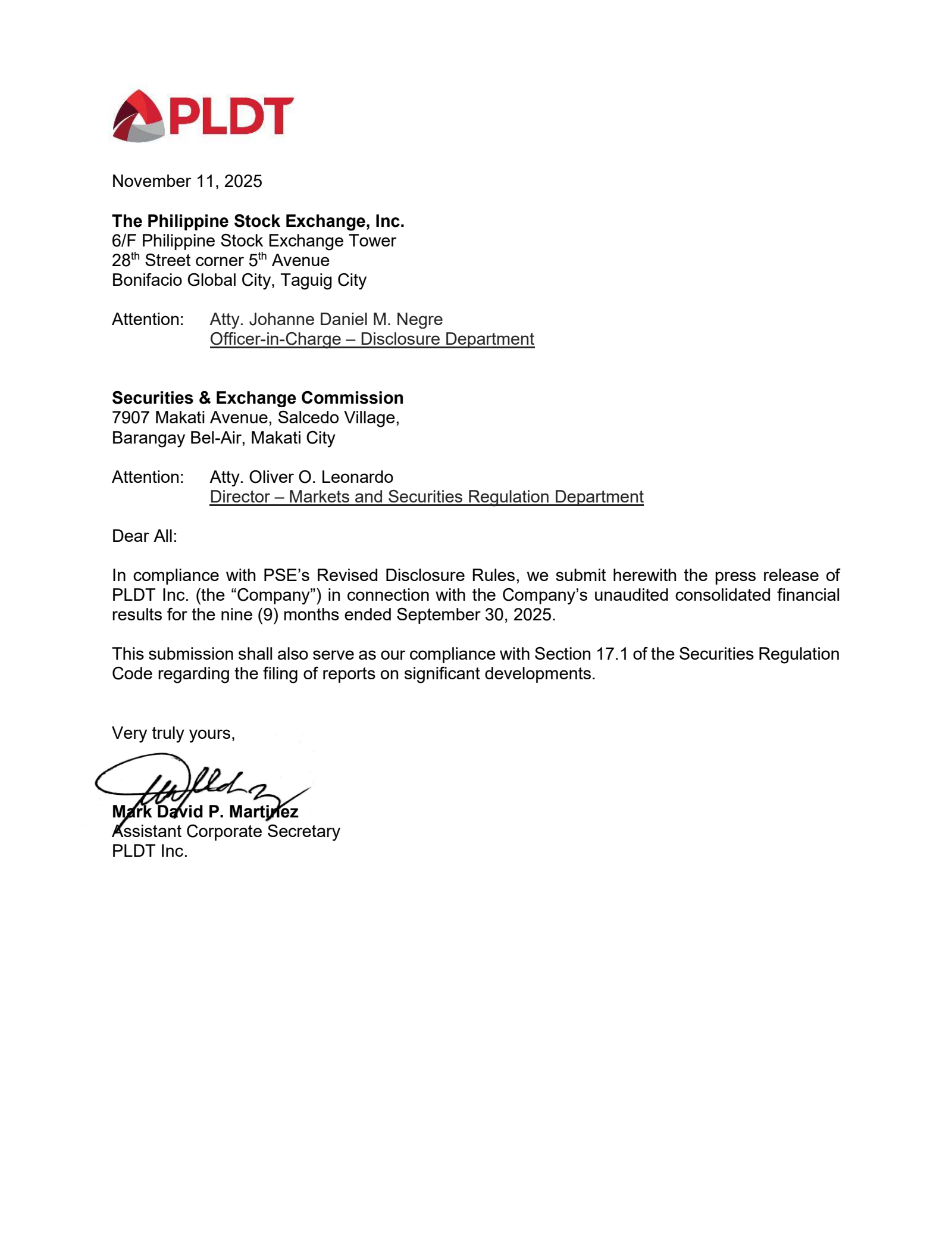 PLDT's Q3 2025 Earnings Release