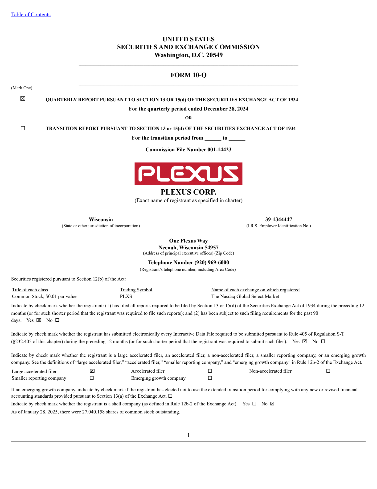 Plexus' Q1 2025 Quarterly Report