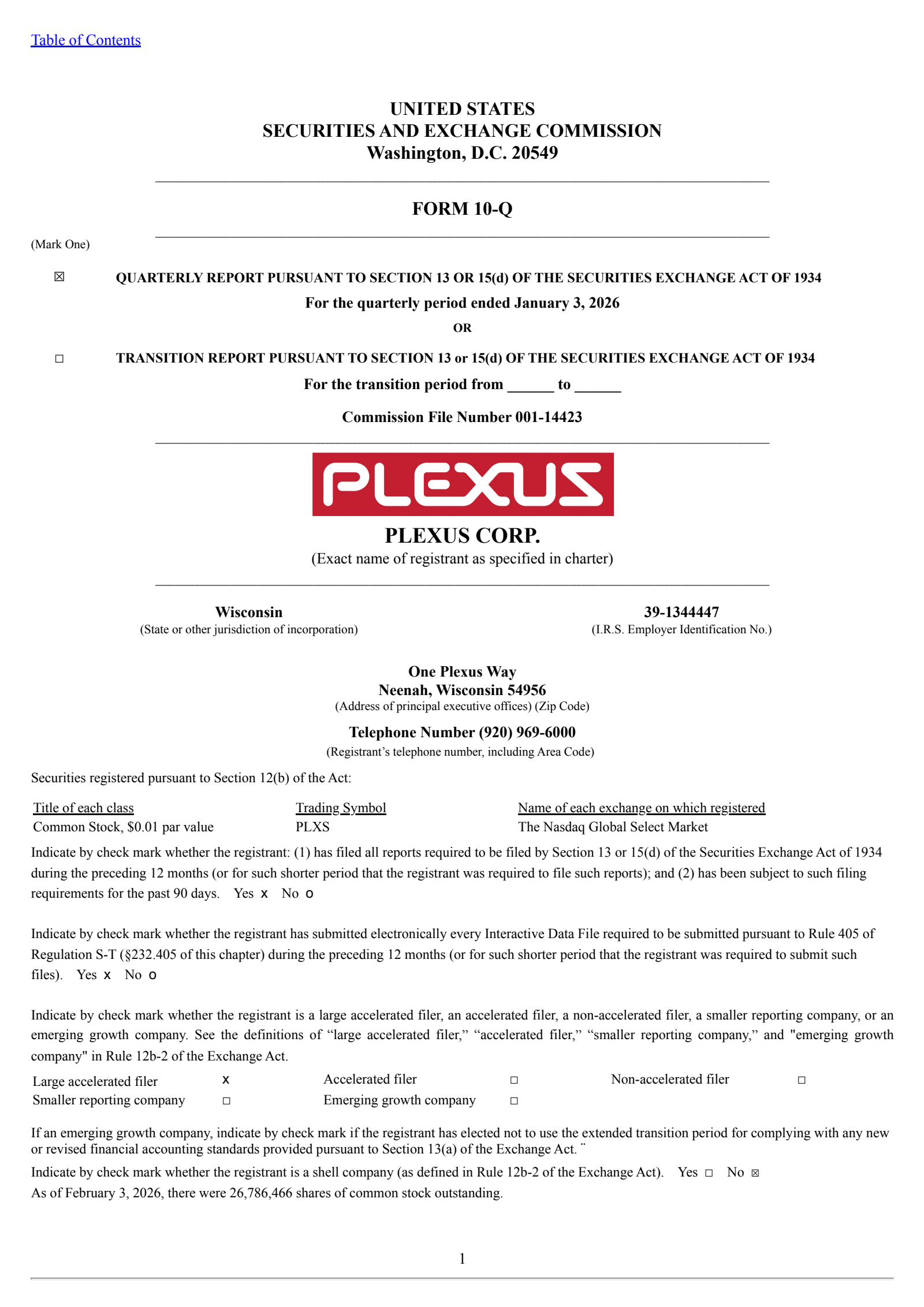 Plexus' Q1 2026 Quarterly report