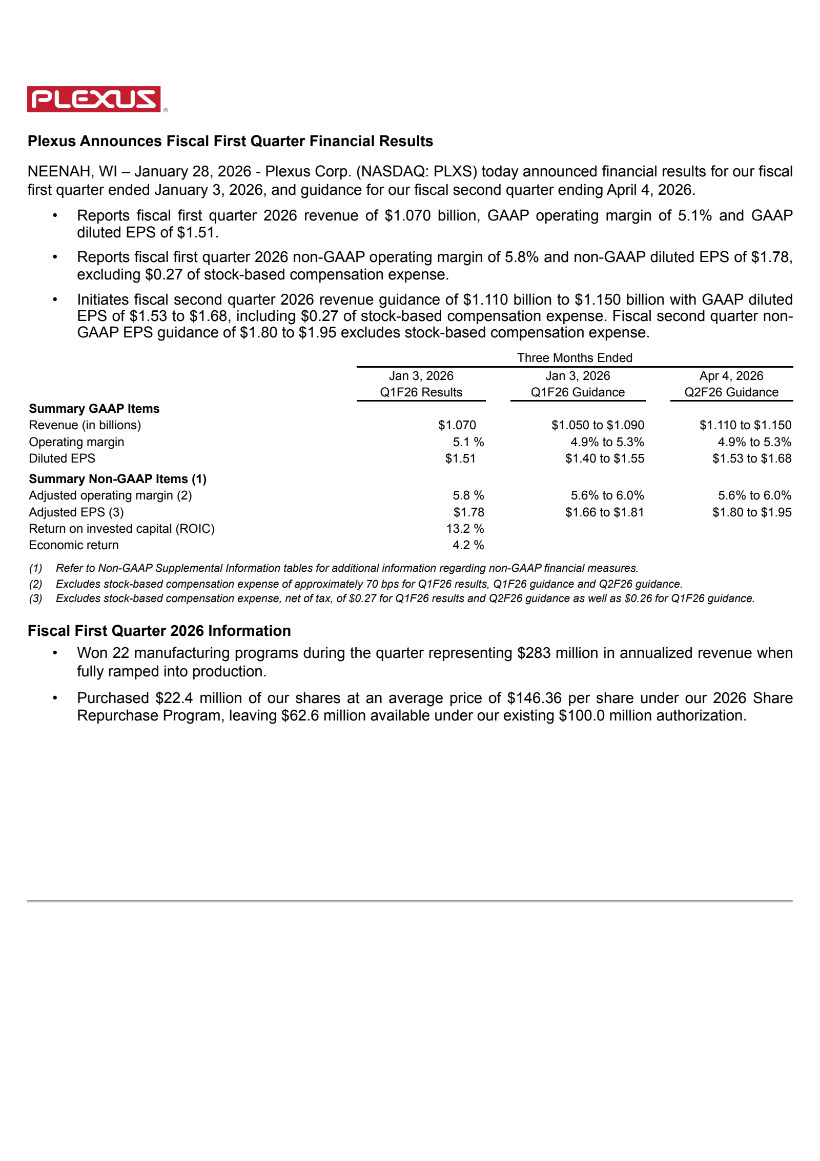 Plexus' Q1 2026 Press Release