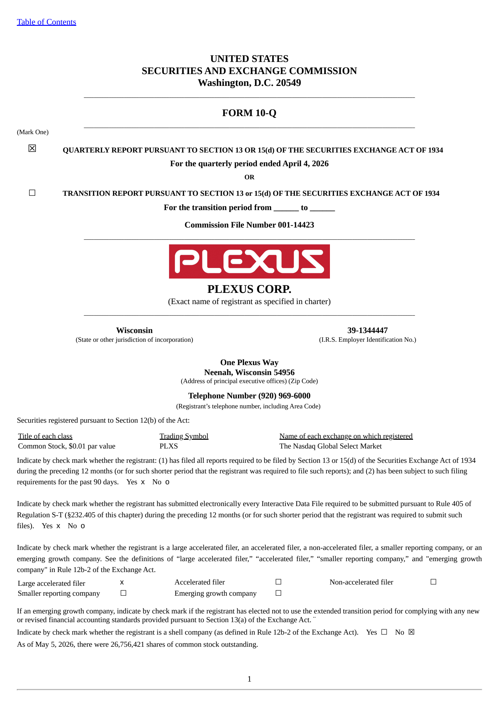 Plexus' Q2 2026 Quarterly report