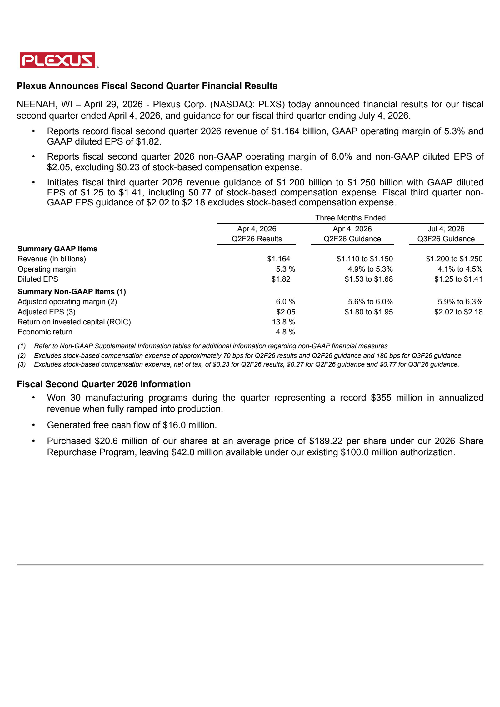 Plexus' Q2 2026 Press Release