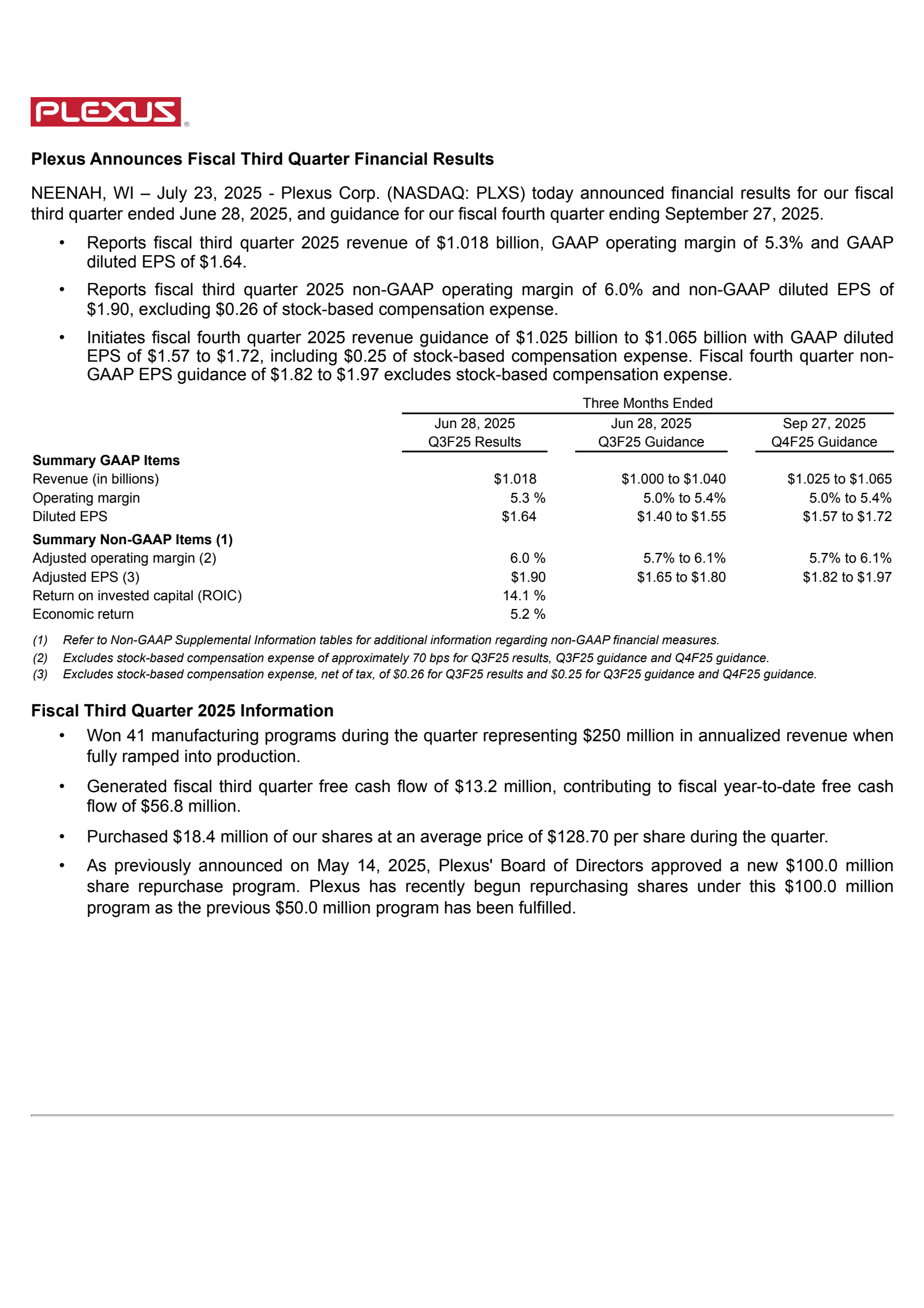 Plexus' Q3 2025 Press Release