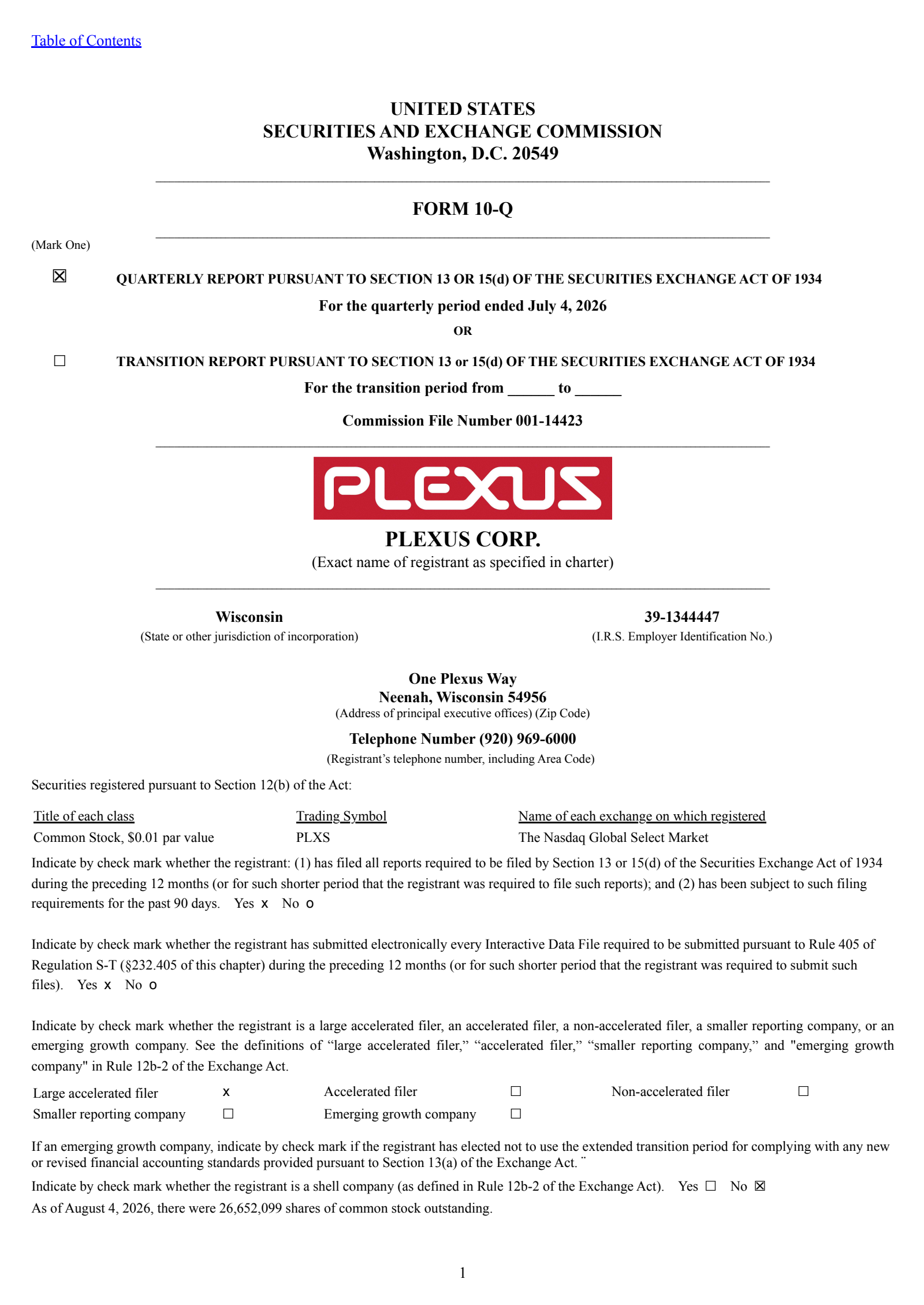 Plexus' Q3 2026 Quarterly report