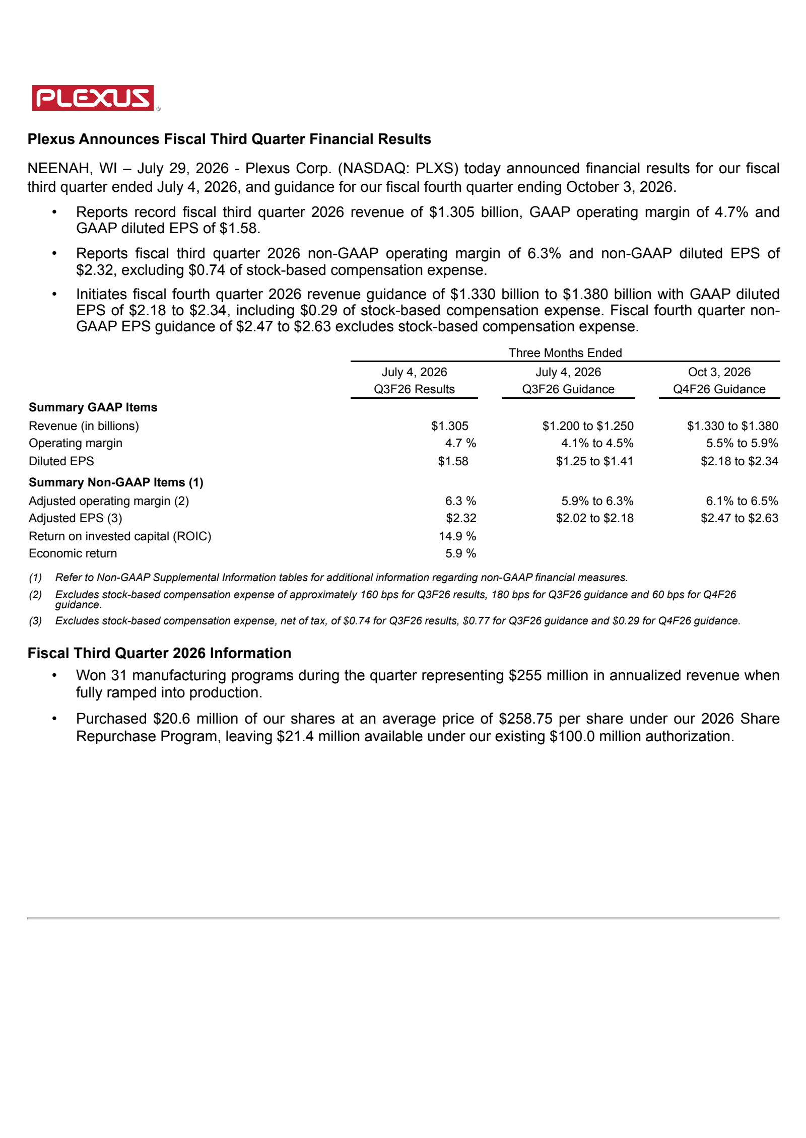 Plexus' Q3 2026 Press Release