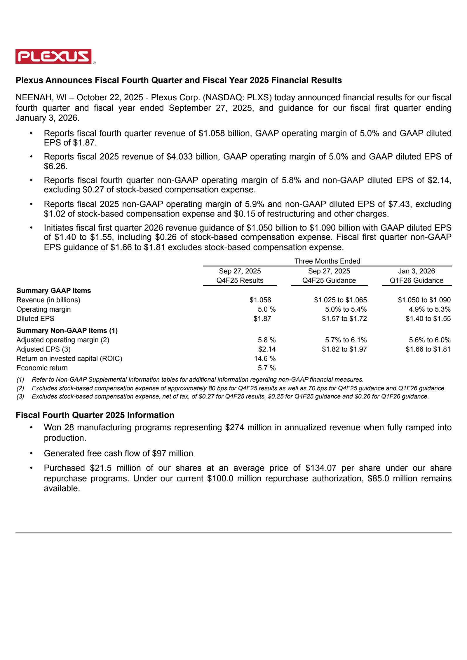Plexus' Q4 2025 Earnings Release