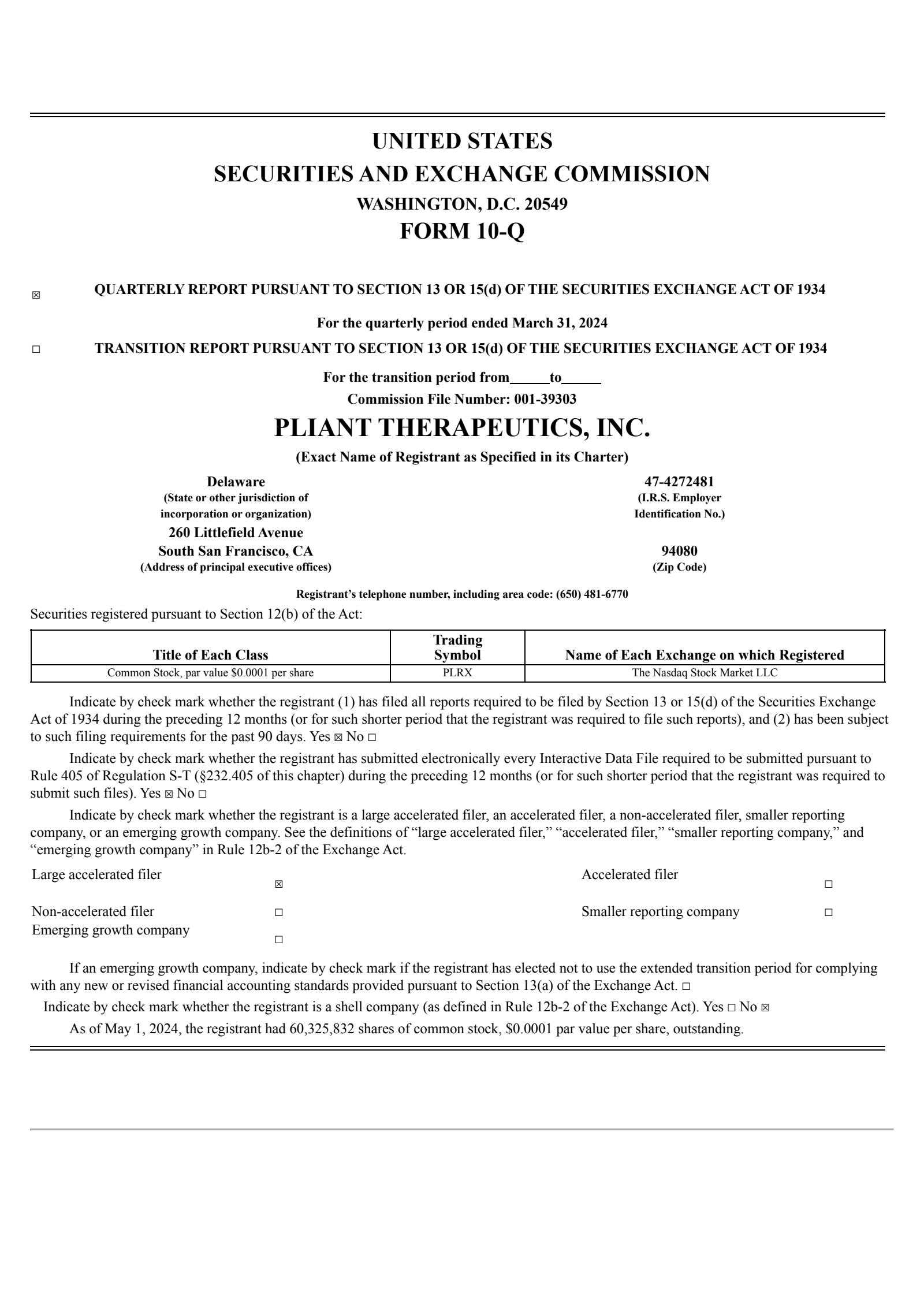 Pliant Therapeutics' Q1 2024 Quarterly report