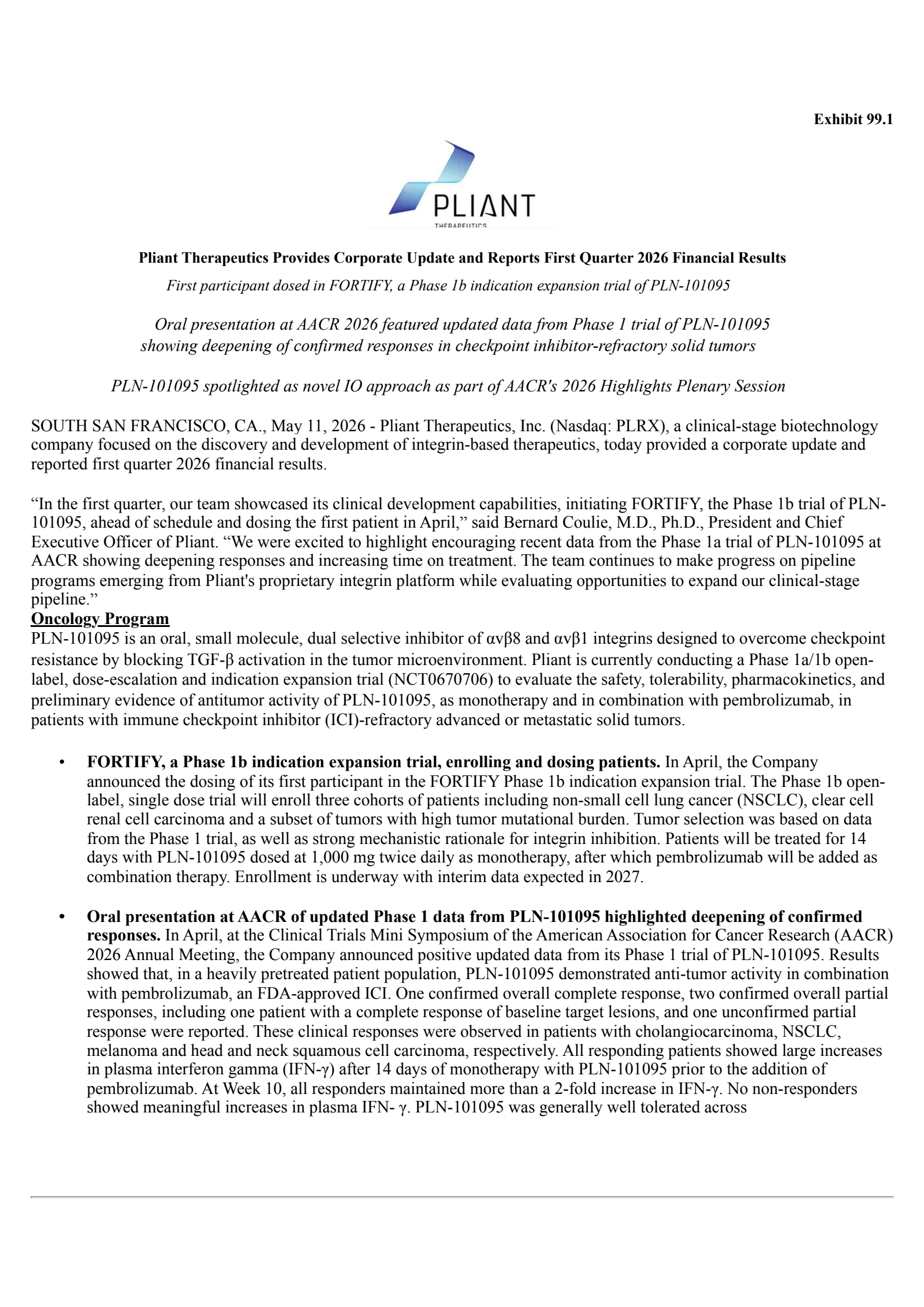 Pliant Therapeutics' Q1 2026 Press Release