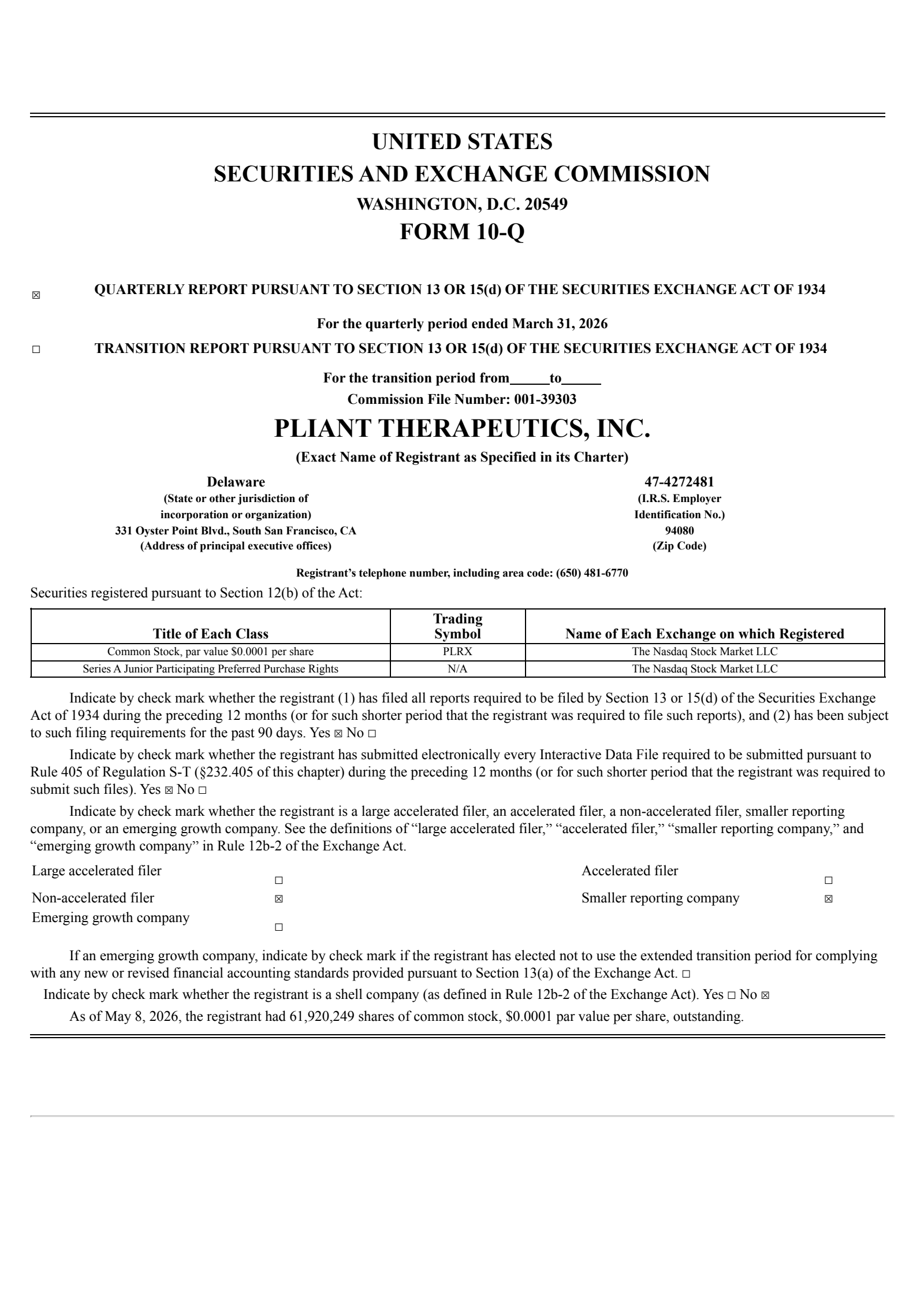Pliant Therapeutics' Q1 2026 Quarterly report
