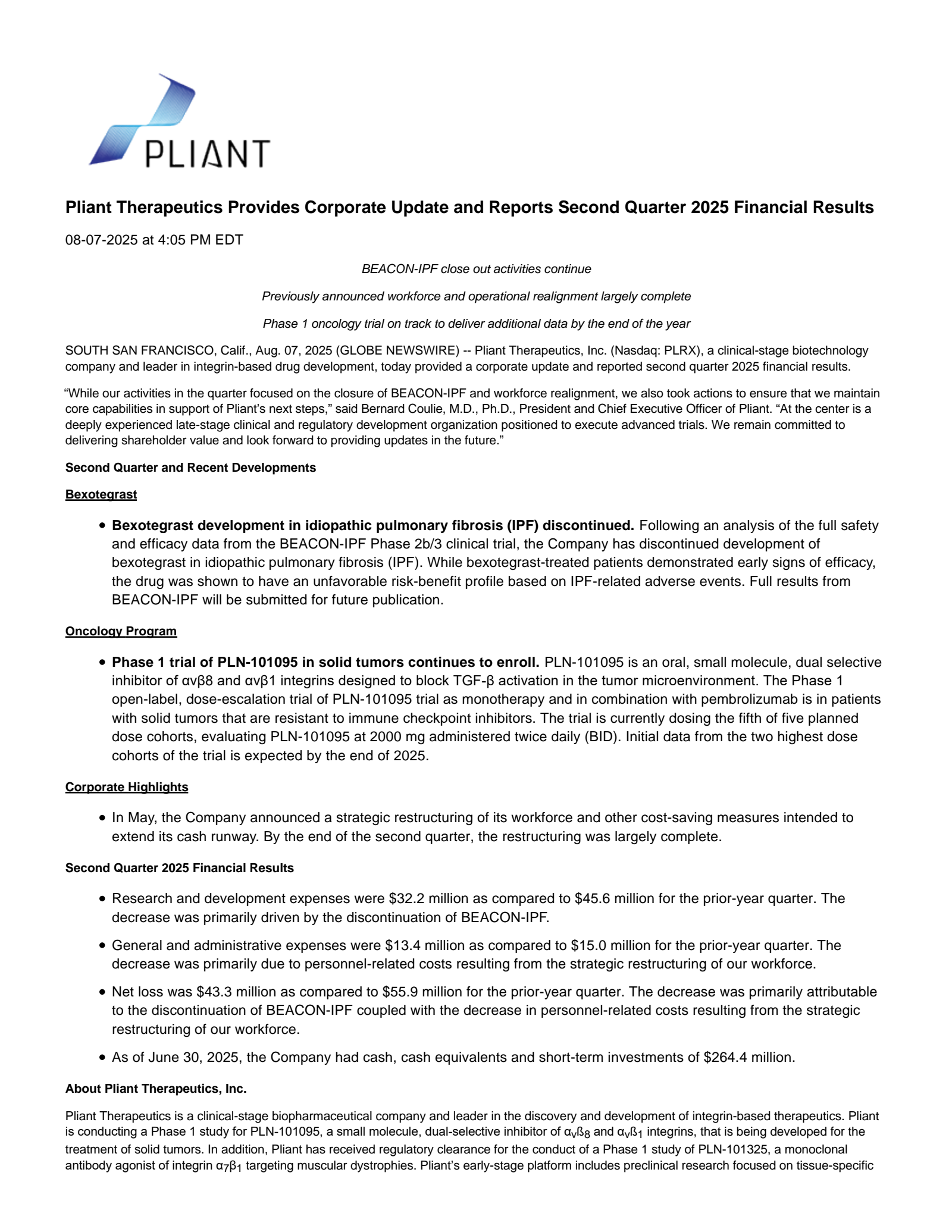Pliant Therapeutics' Q2 2025 Press Release