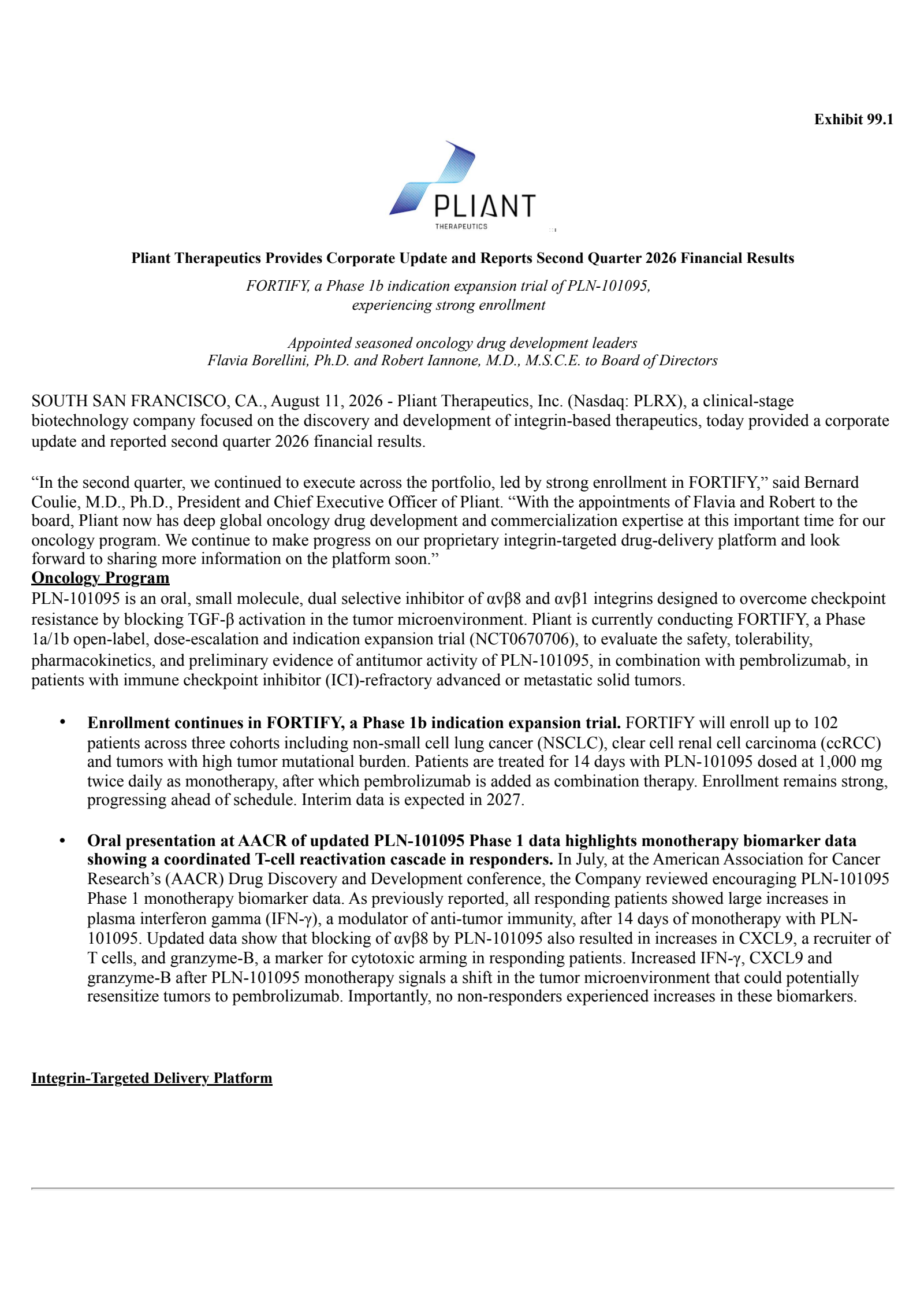 Pliant Therapeutics' Q2 2026 Press Release