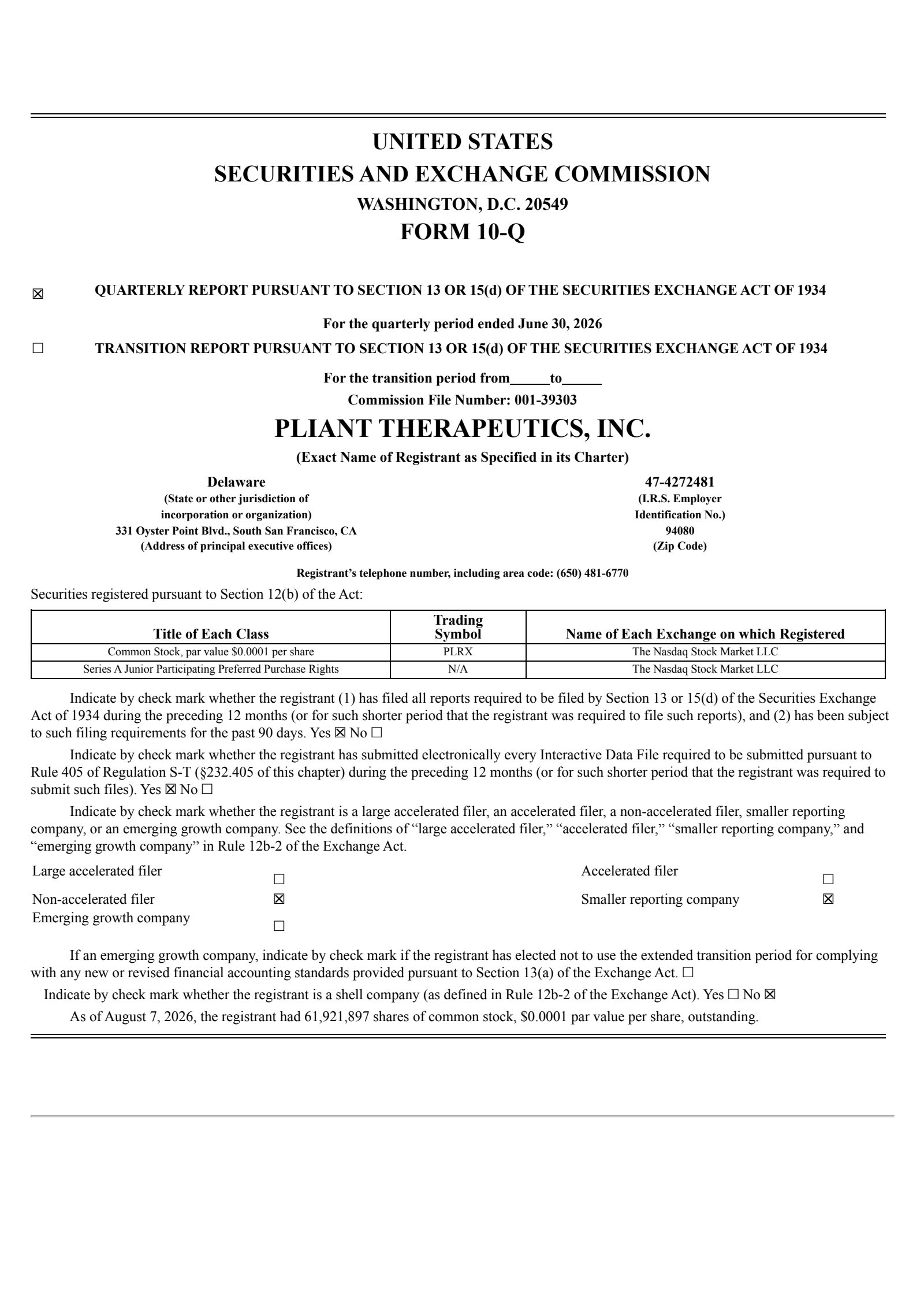 Pliant Therapeutics' Q2 2026 Quarterly report