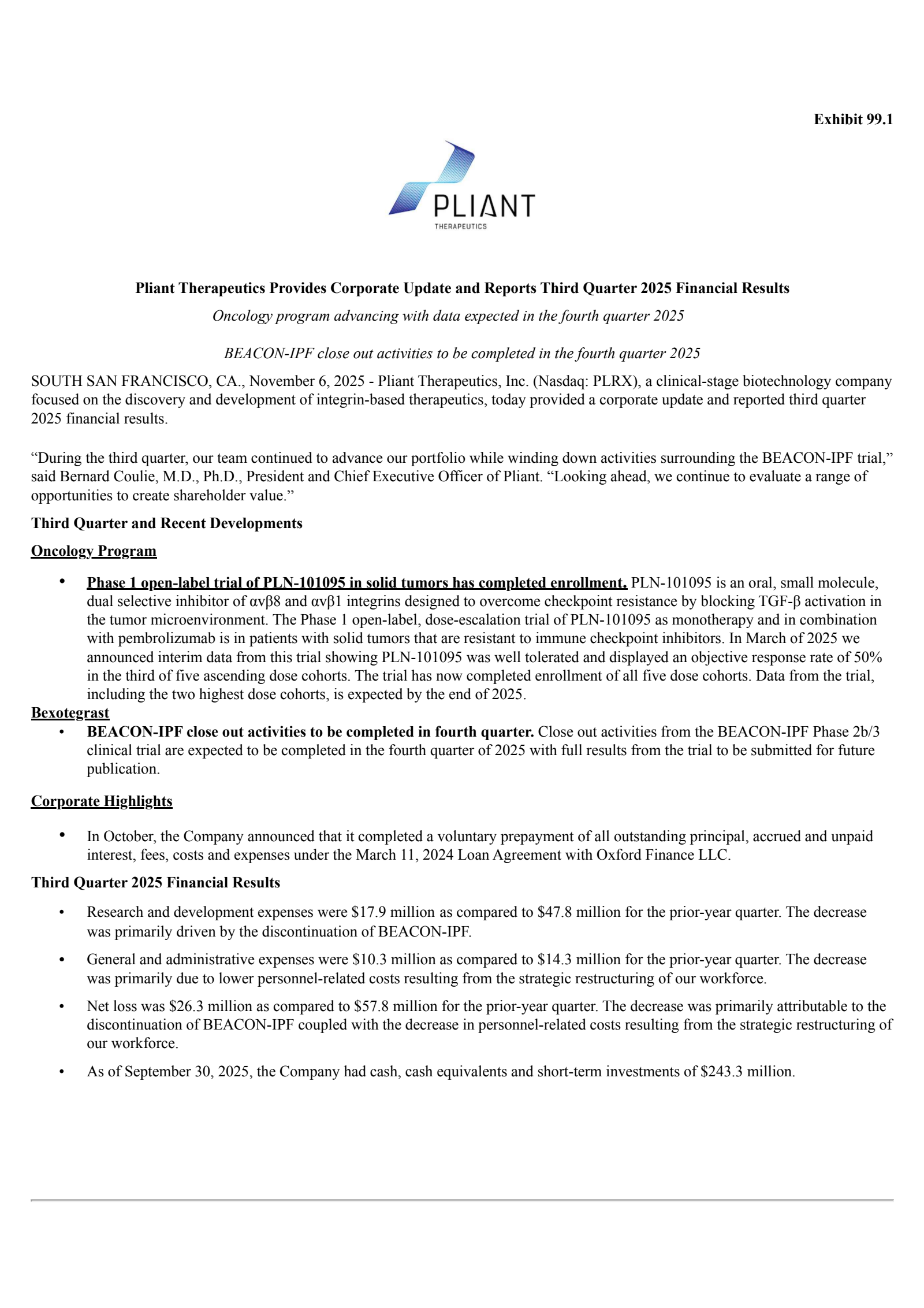 Pliant Therapeutics' Q3 2025 Earnings Release