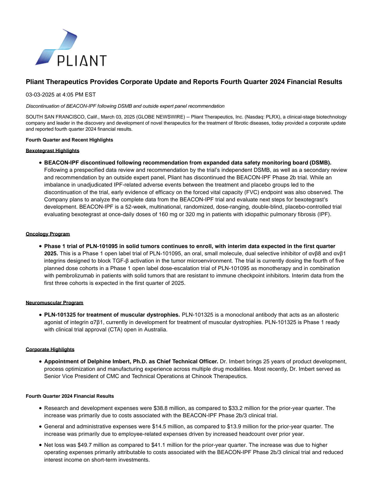 Pliant Therapeutics' Q4 2024 Press Release