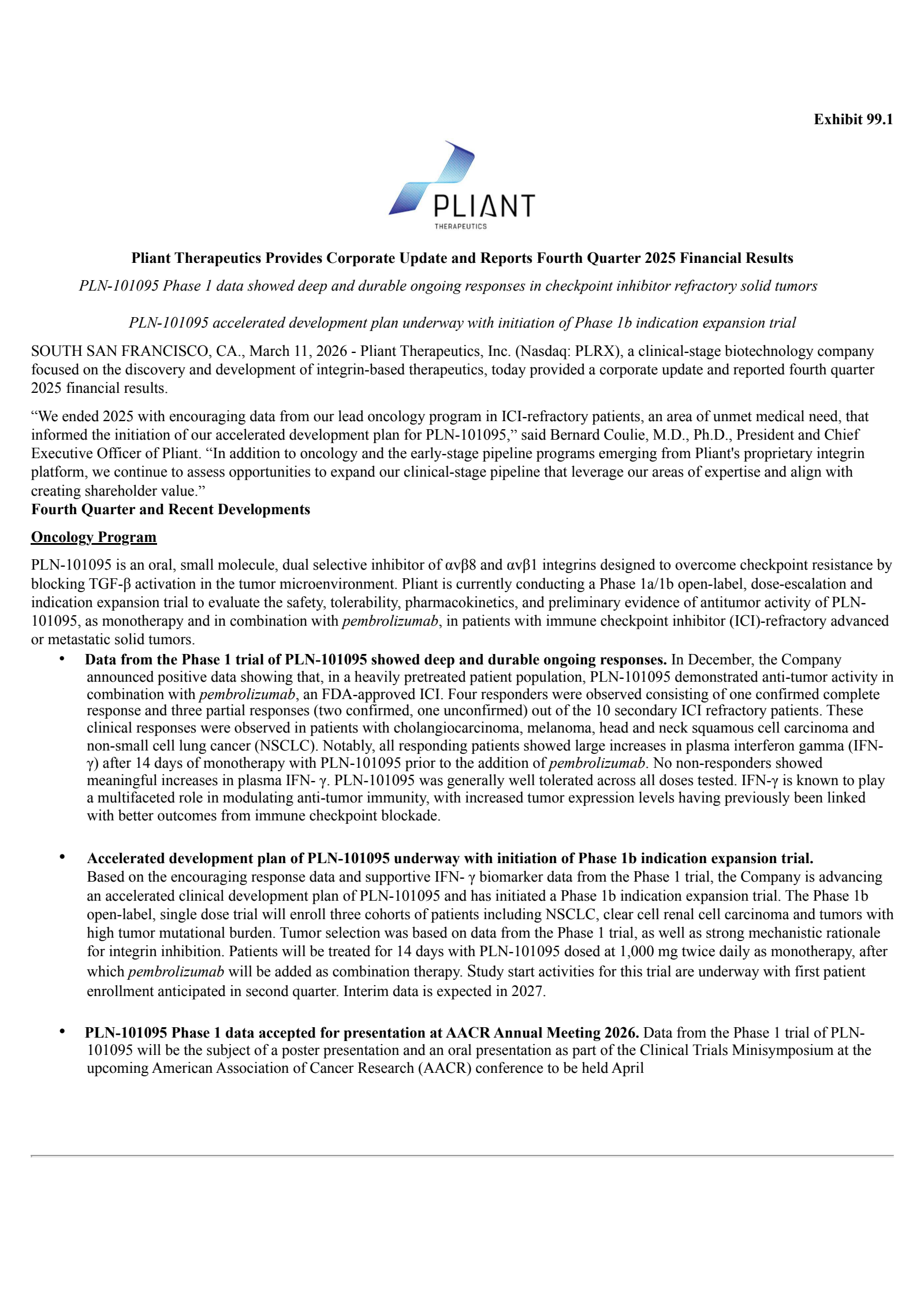 Pliant Therapeutics' Q4 2025 Press Release