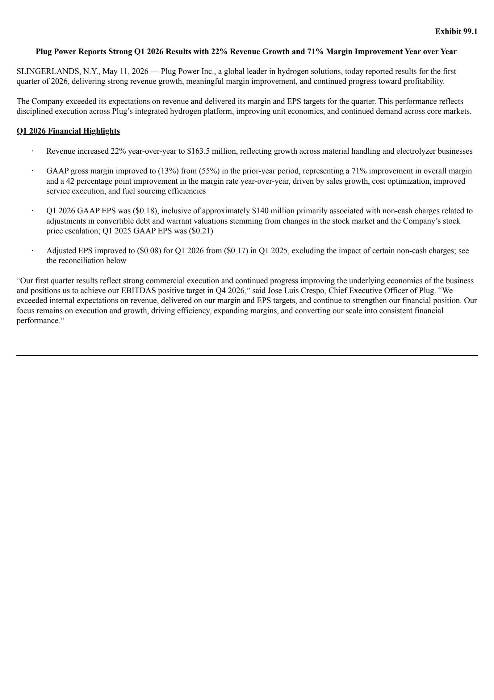 Plug Power's Q1 2026 Press Release