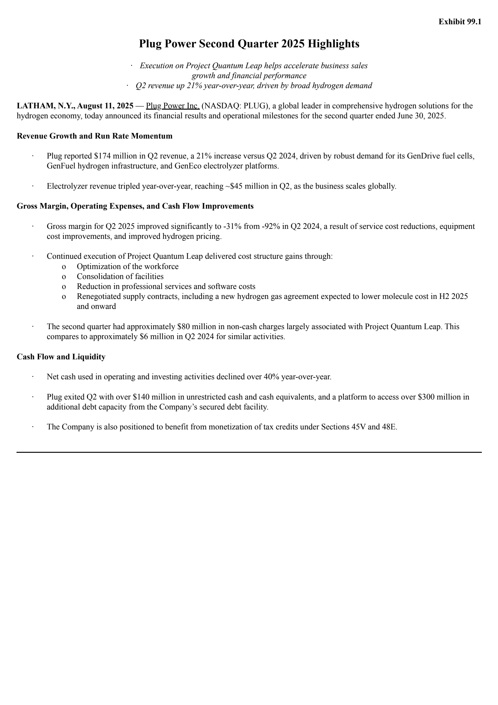 Plug Power's Q2 2025 Press Release