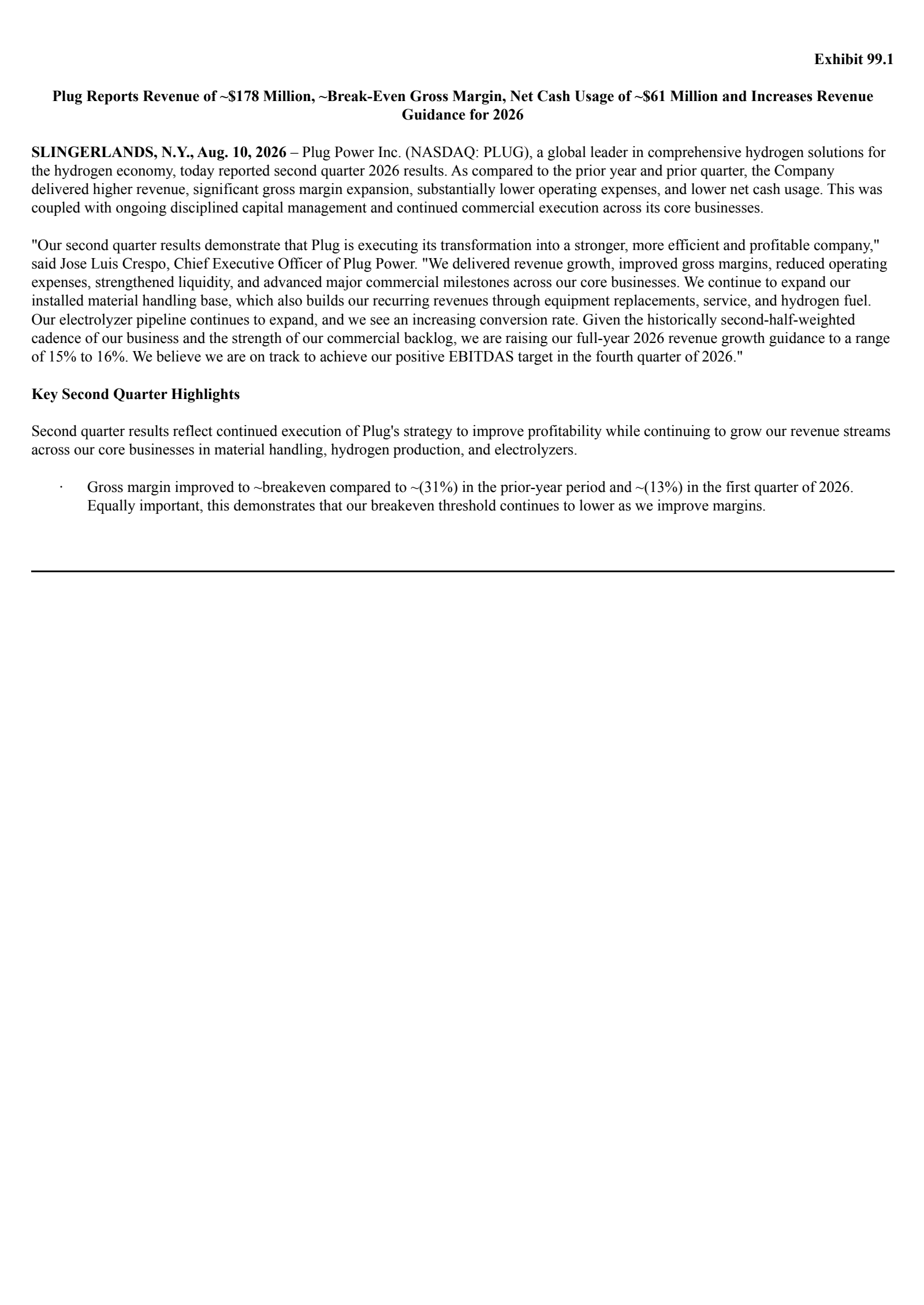 Plug Power's Q2 2026 Press Release