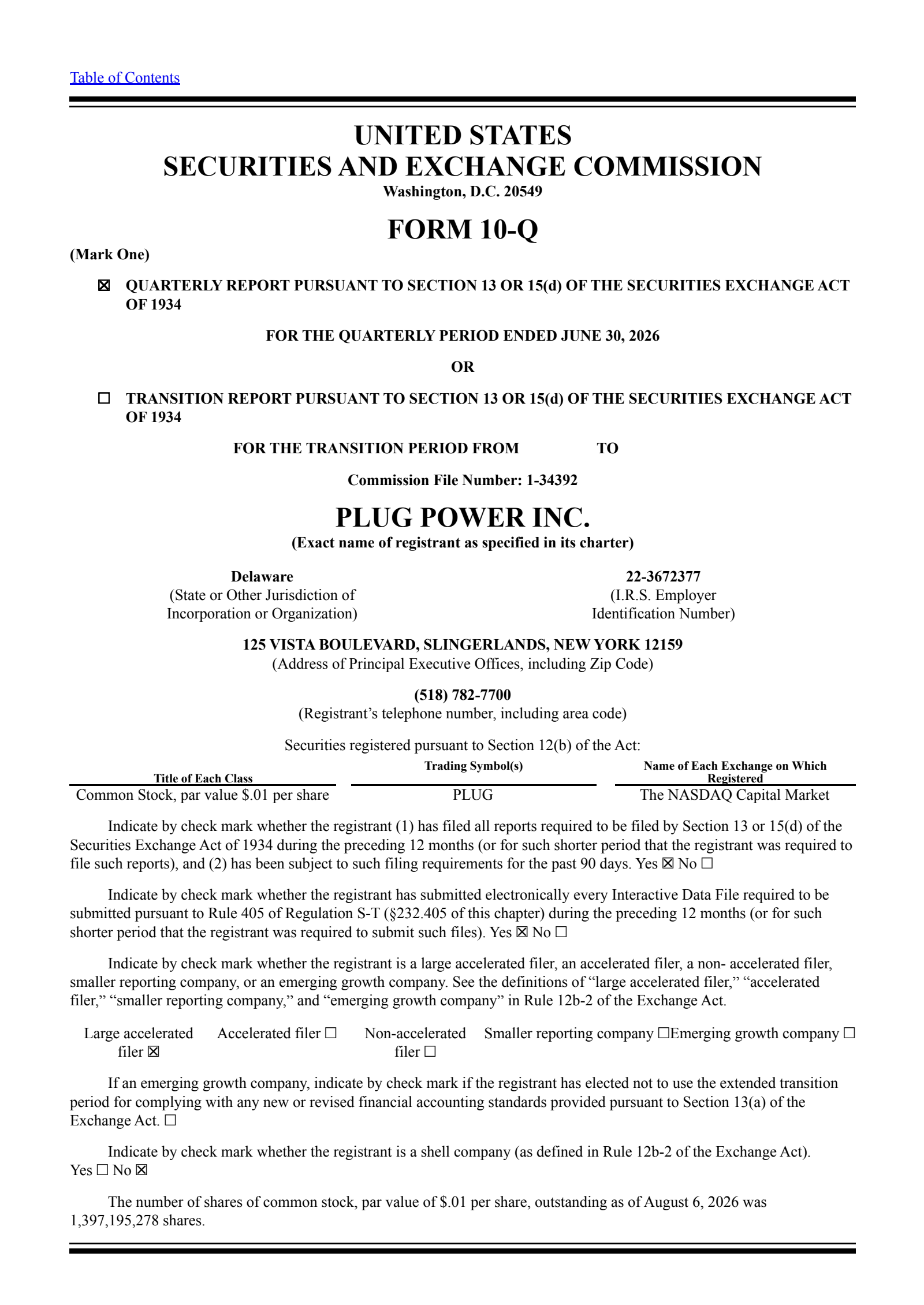 Plug Power's Q2 2026 Quarterly report