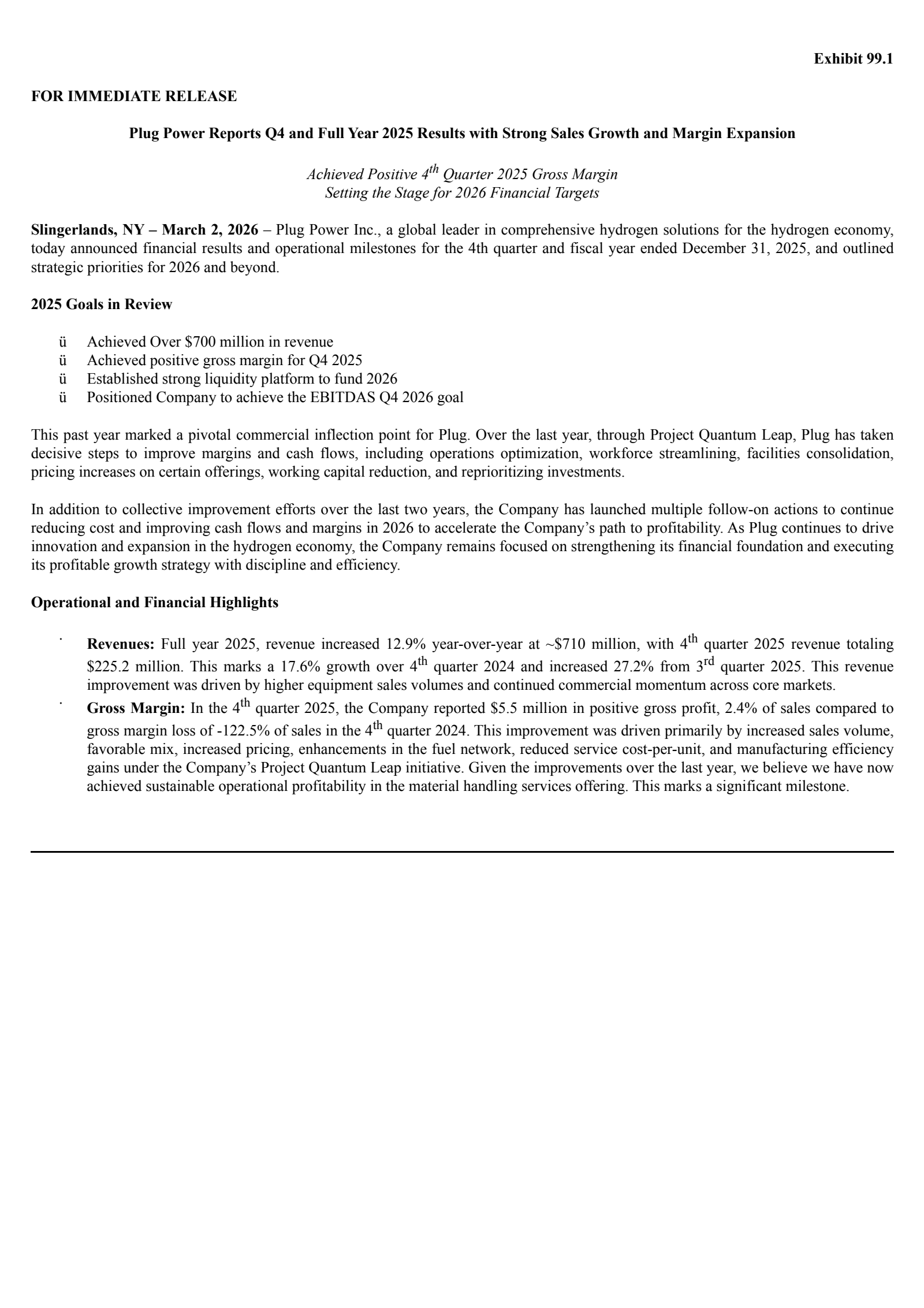 Plug Power's Q4 2025 Press Release