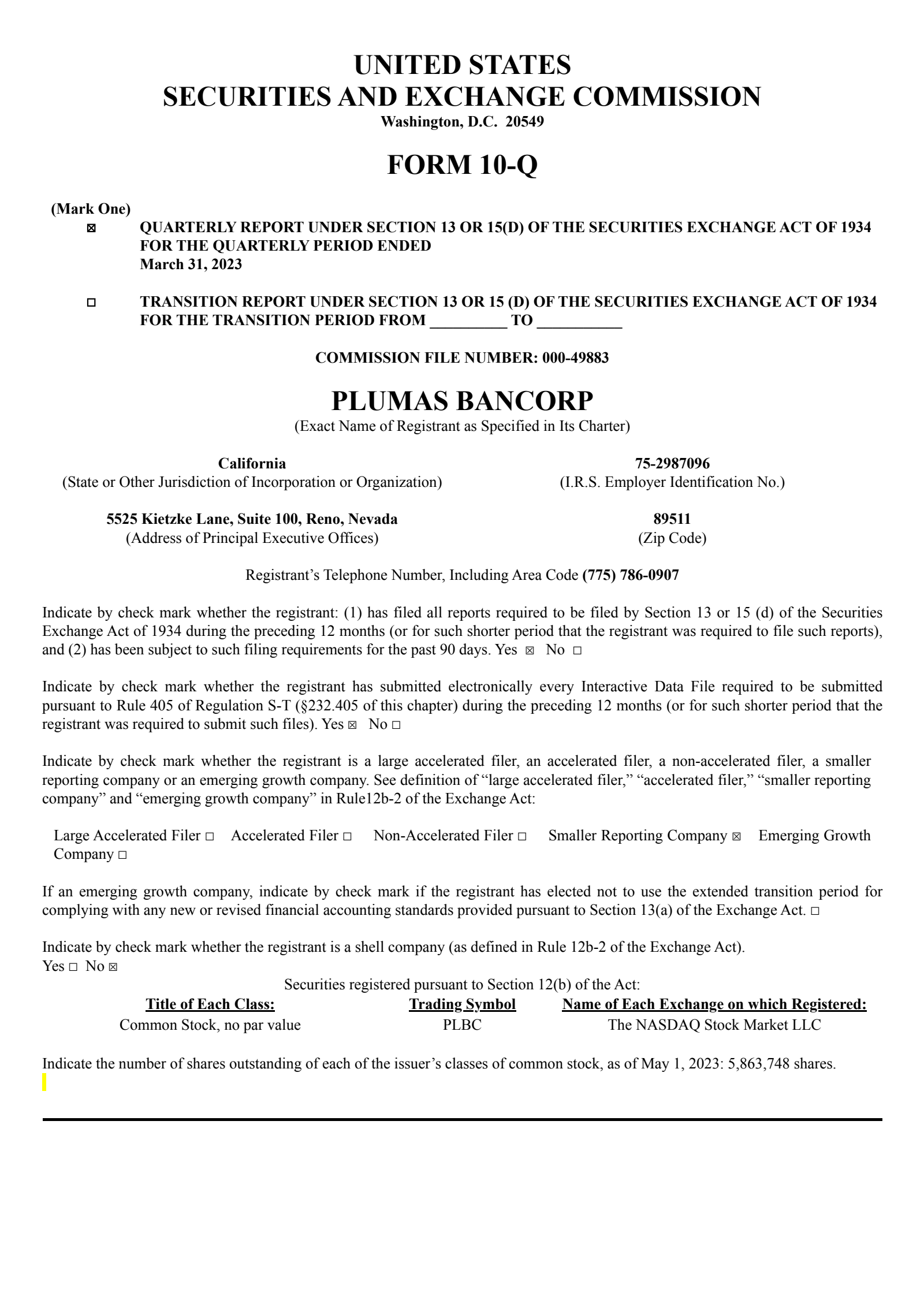 Plumas Bancorp's Q1 2023 Quarterly report