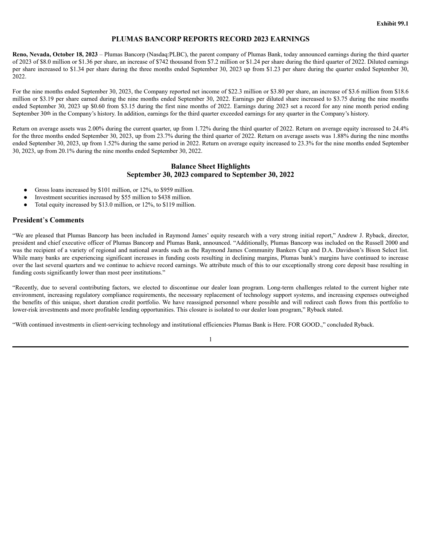 Plumas Bancorp's Q3 2023 Press Release