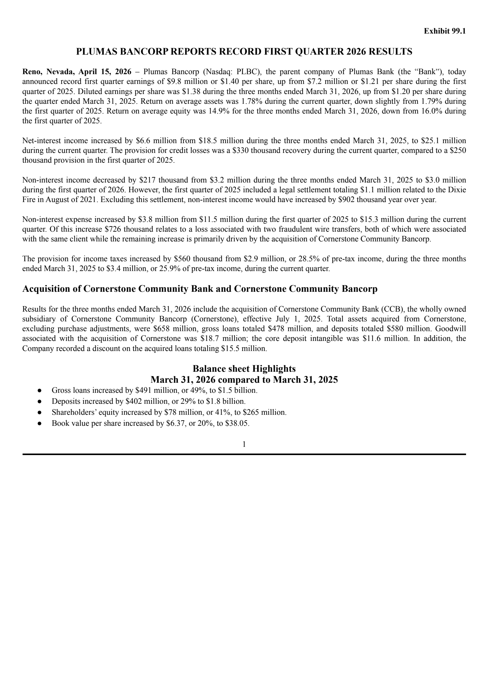 Plumas Bancorp's Q1 2026 Press Release