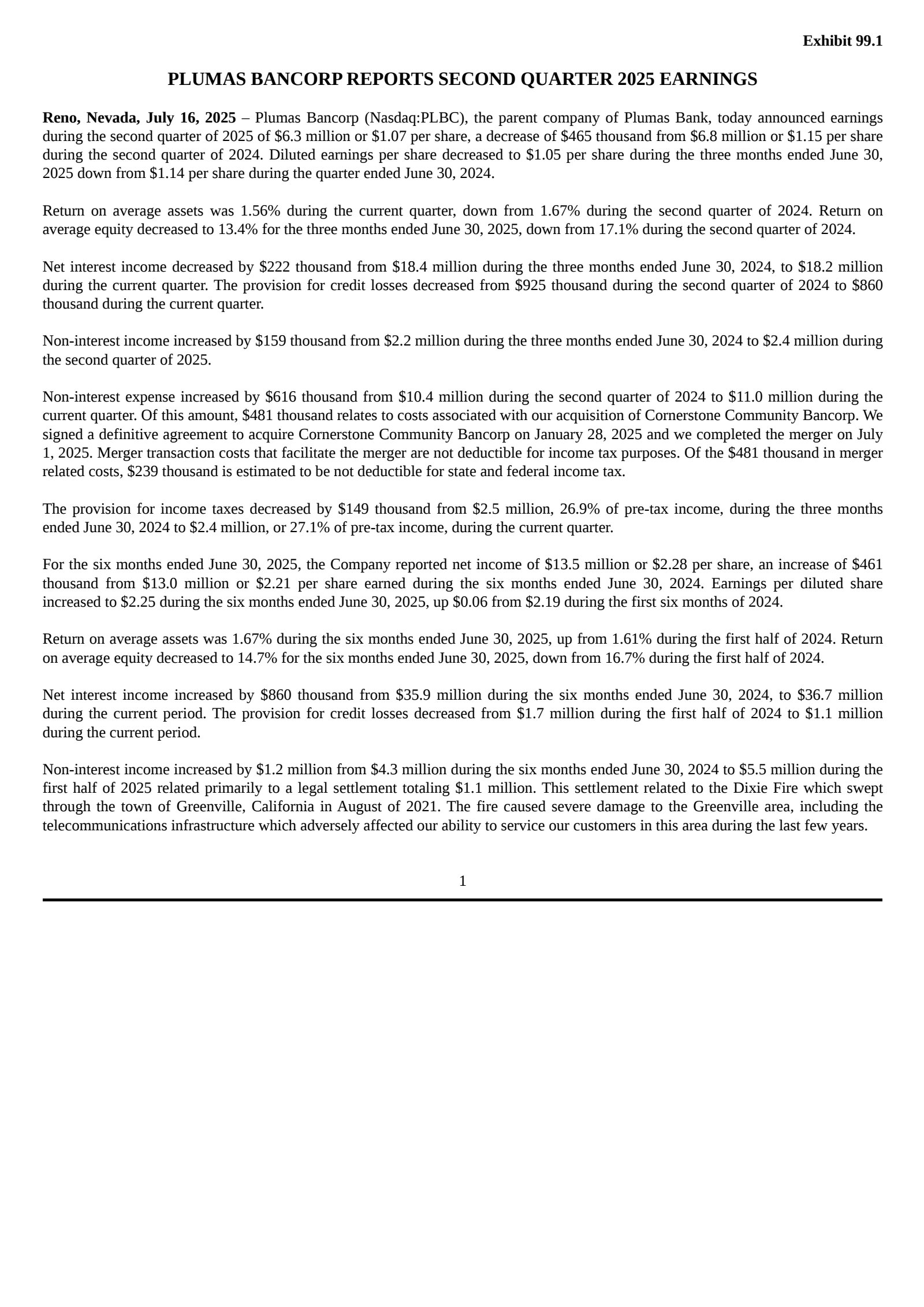Plumas Bancorp's Q2 2025 Press Release