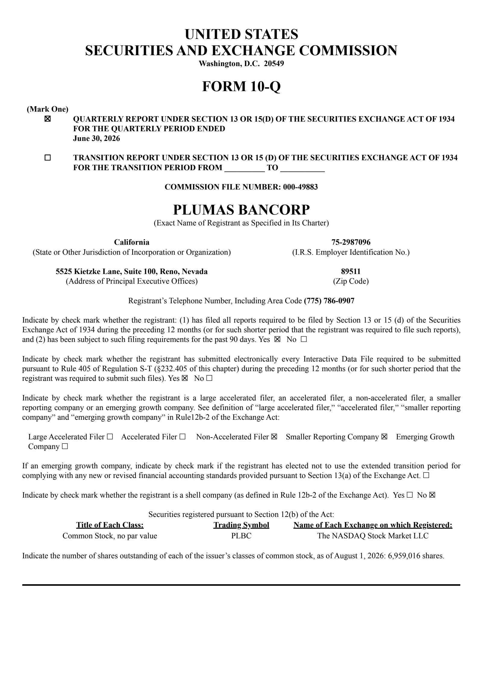 Plumas Bancorp's Q2 2026 Quarterly report