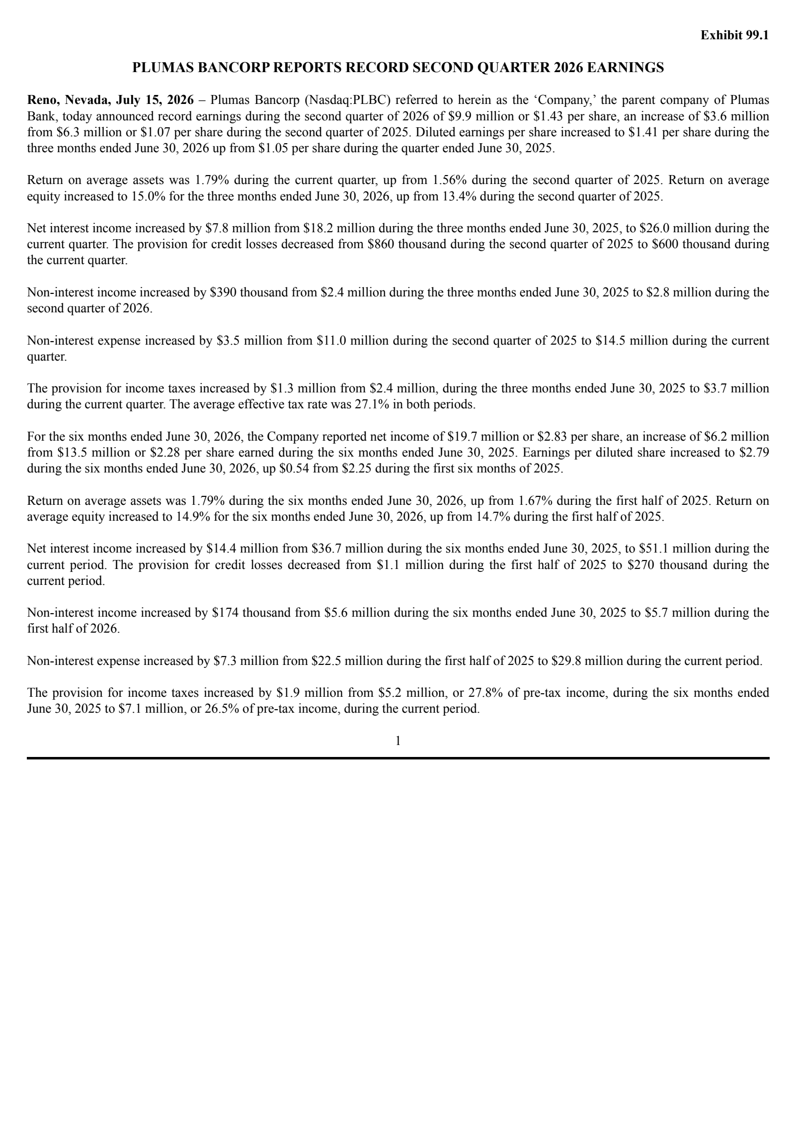 Plumas Bancorp's Q2 2026 Press Release