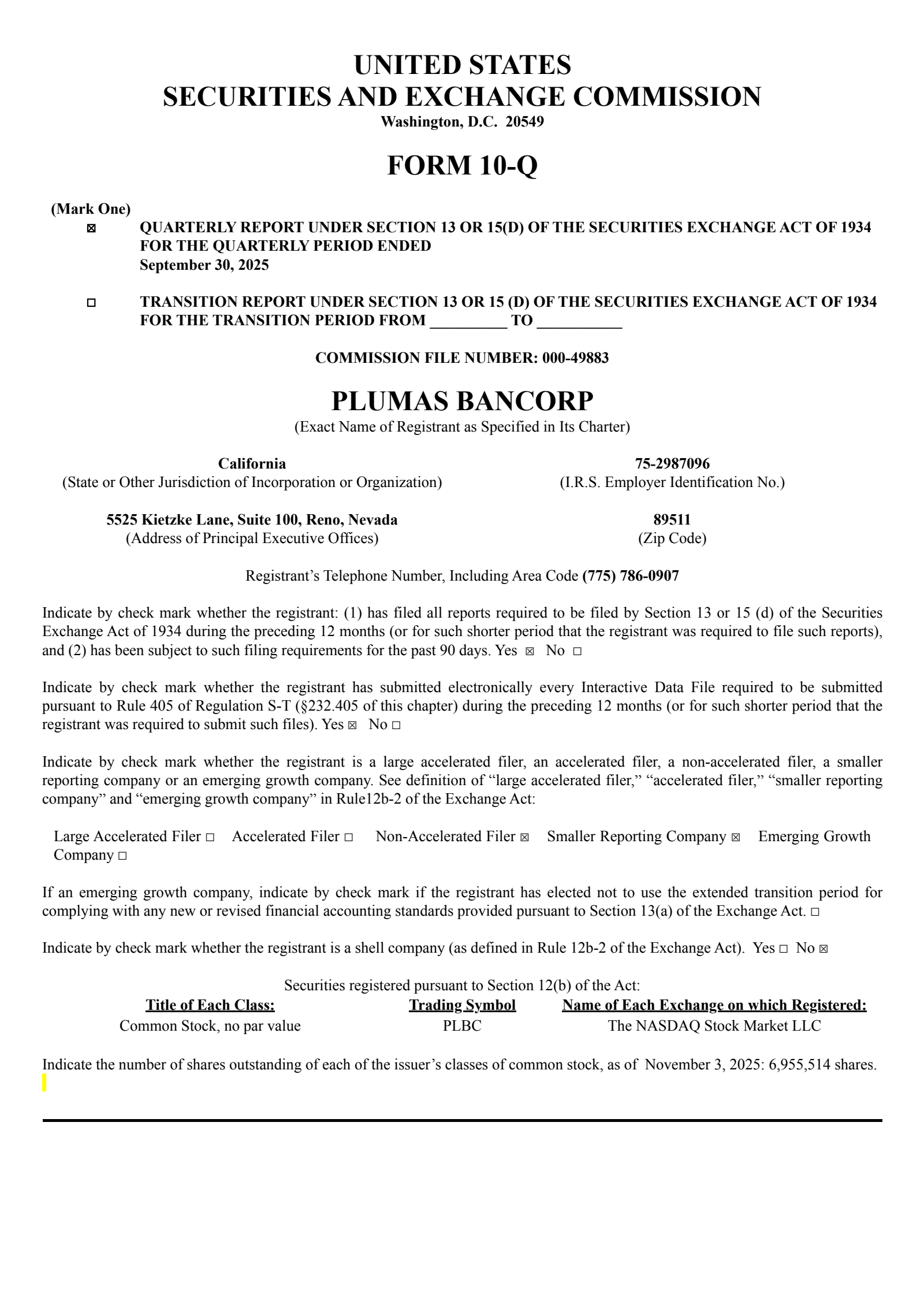 Plumas Bancorp's Q3 2025 Quarterly Report