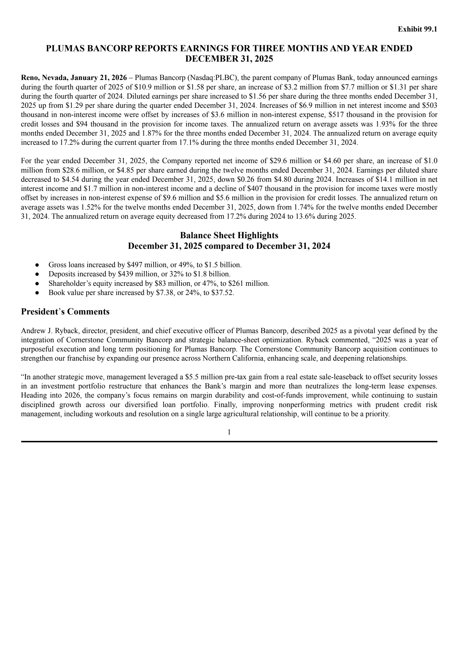 Plumas Bancorp's Q4 2025 Press Release