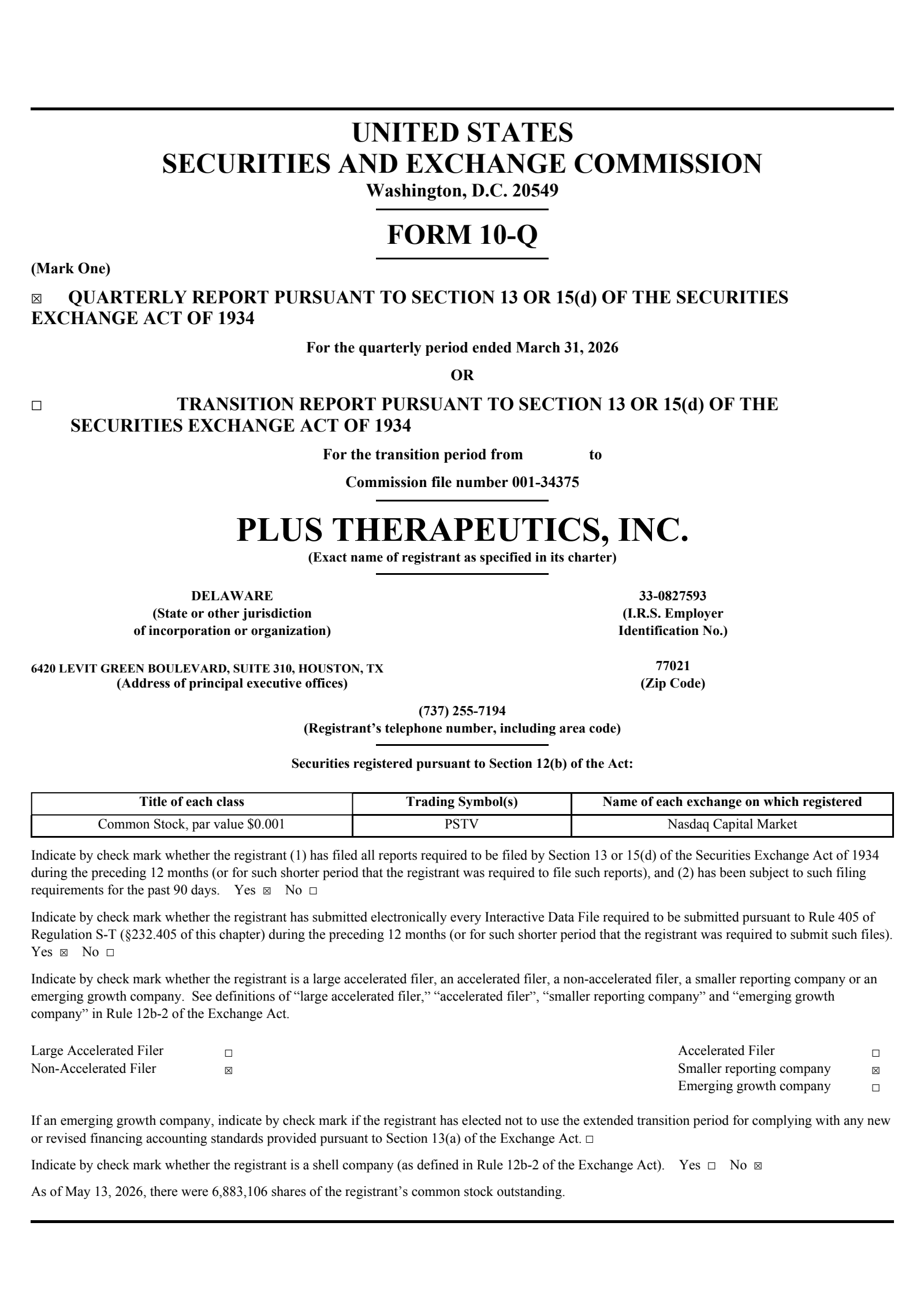 Plus Therapeutics' Q1 2026 Quarterly report