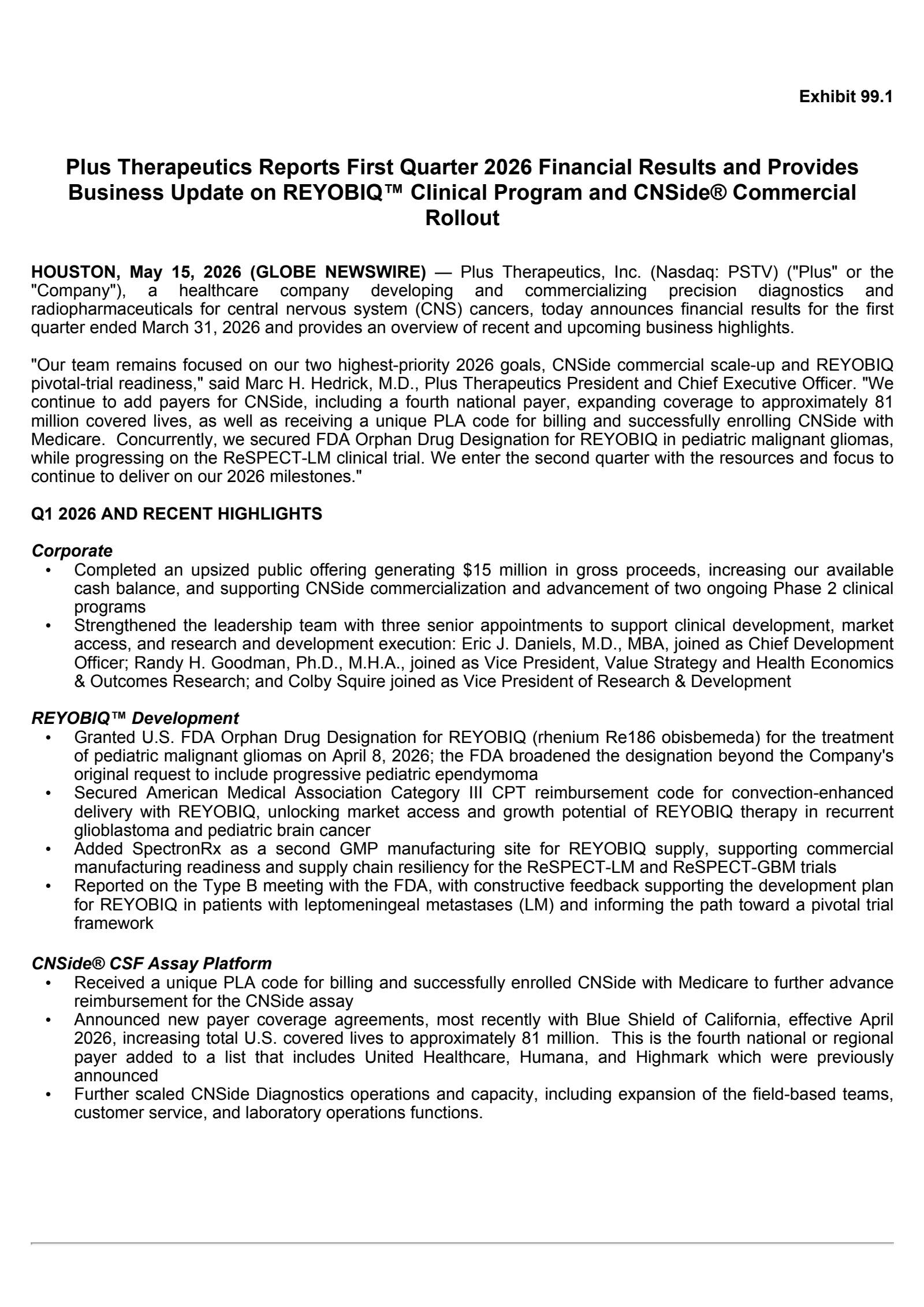 Plus Therapeutics' Q1 2026 Press Release