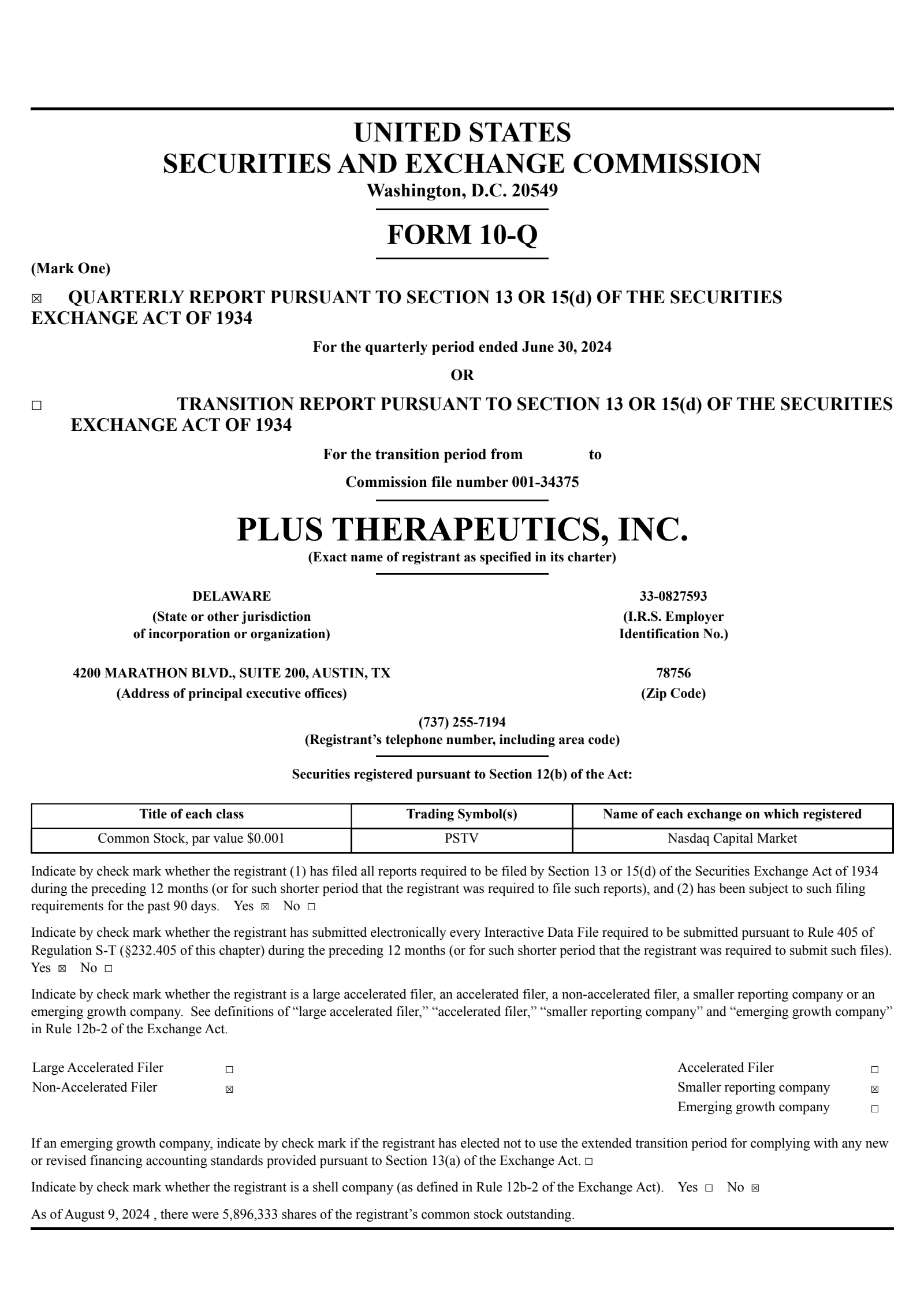 Plus Therapeutics' Q2 2024 Quarterly report