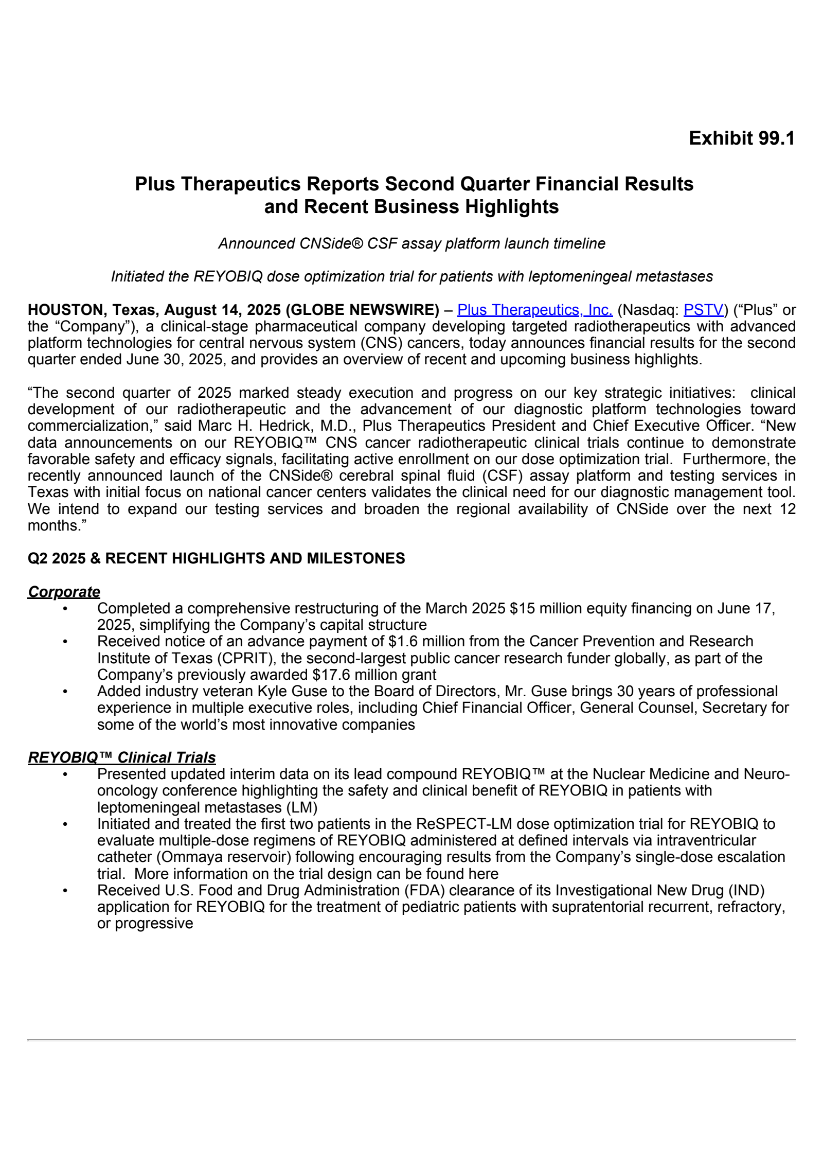 Plus Therapeutics' Q2 2025 Press Release
