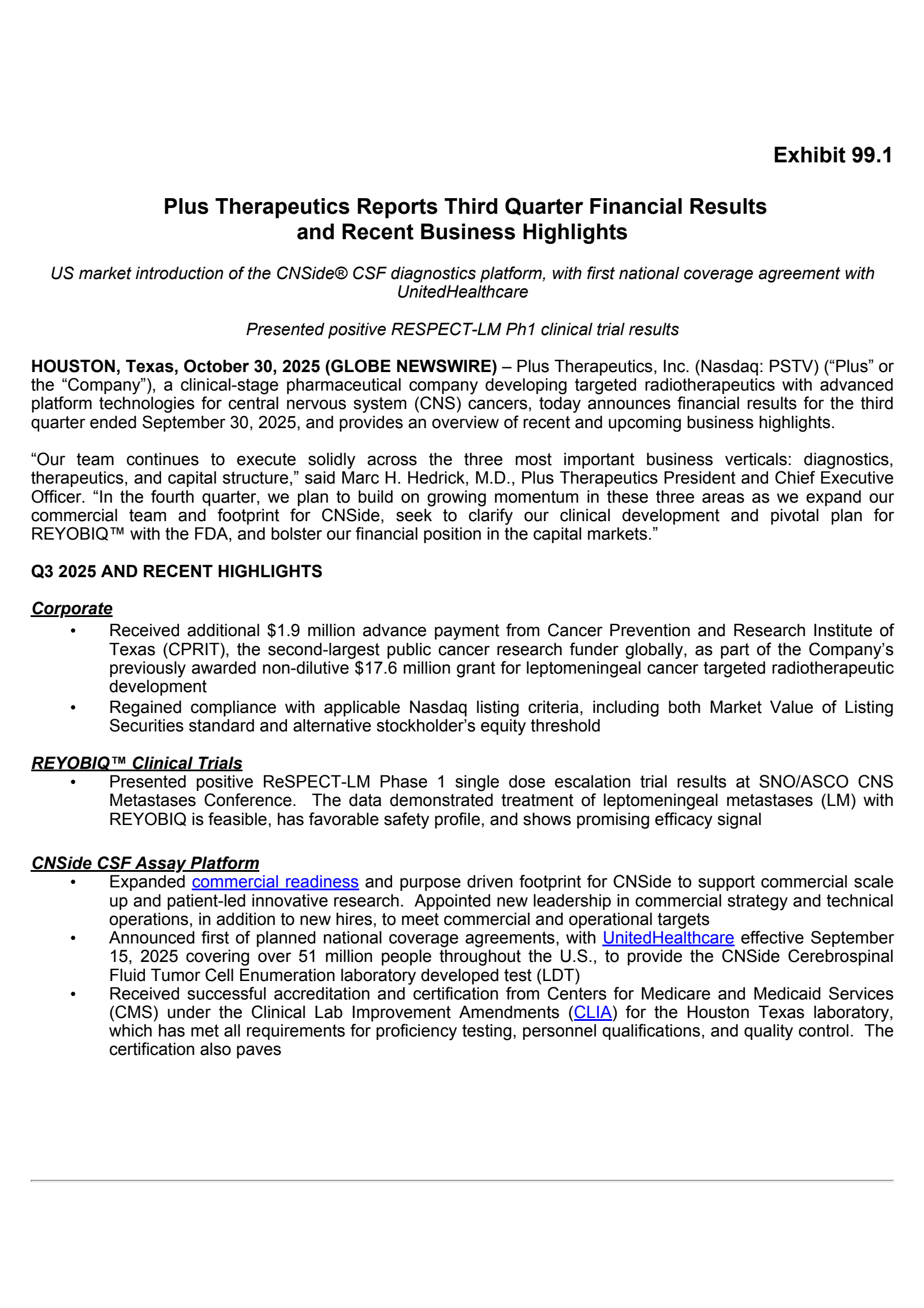 Plus Therapeutics' Q3 2025 Earnings Release