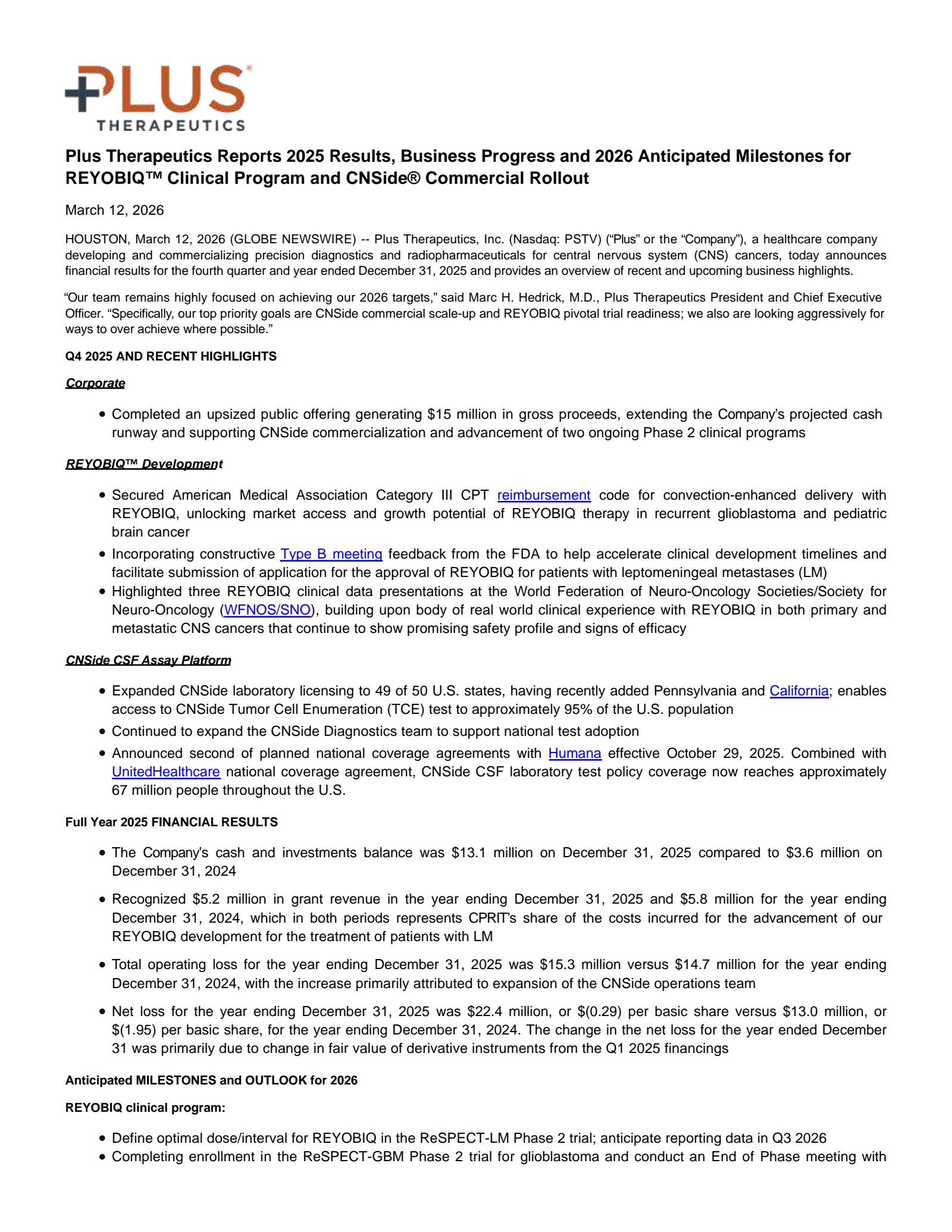 Plus Therapeutics' Q4 2025 Press Release