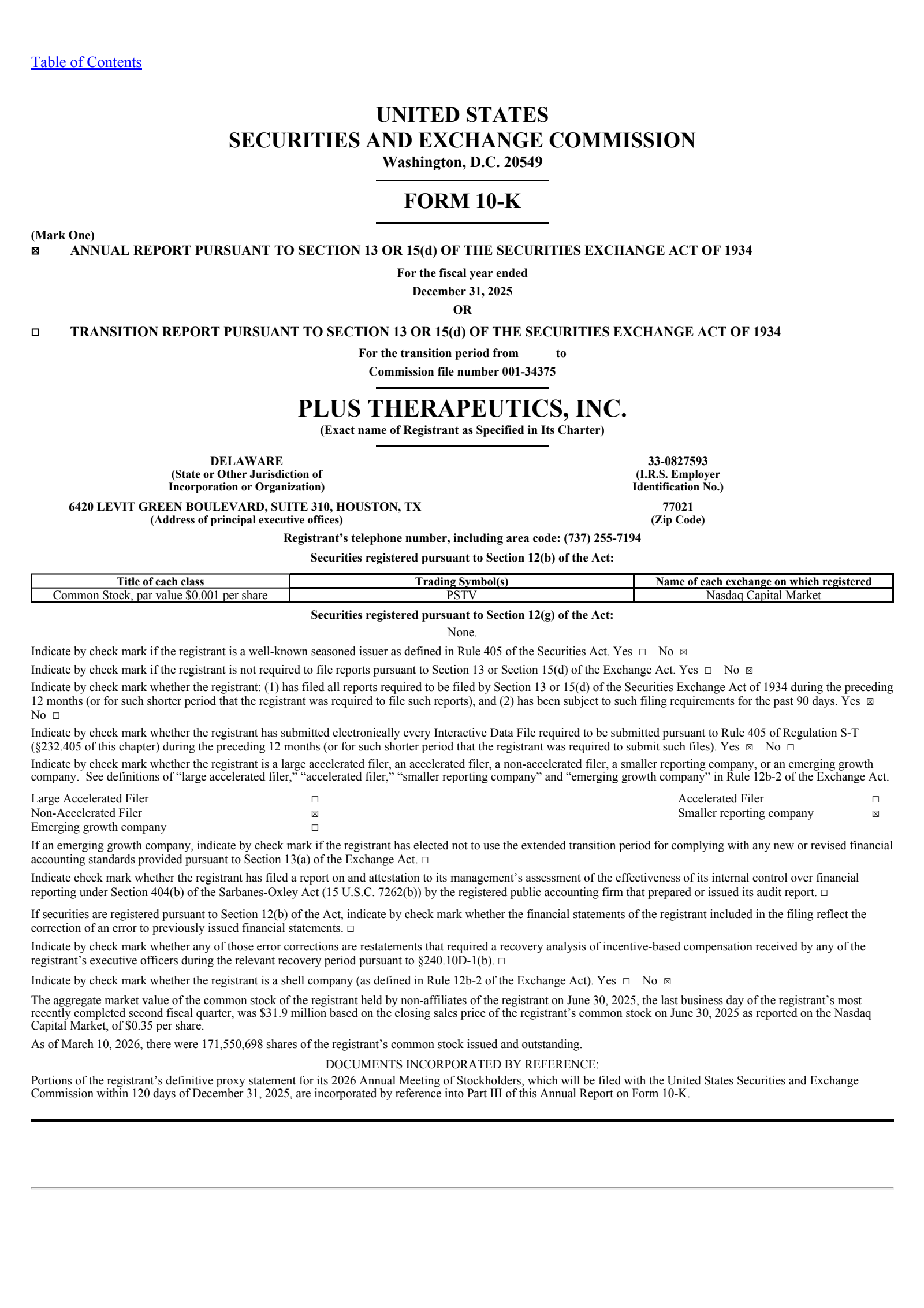 Plus Therapeutics' Q4 2025 Annual report