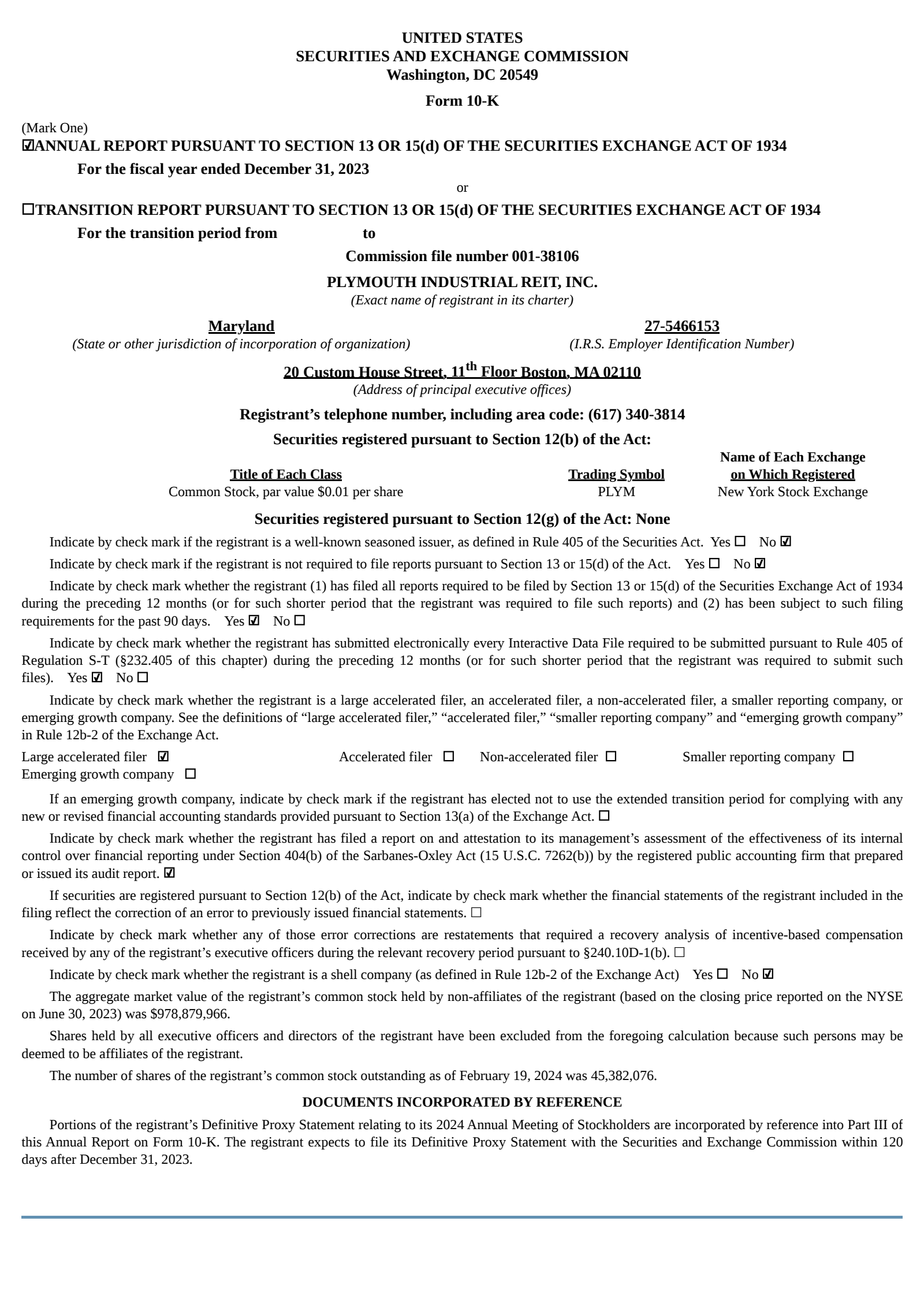 Plymouth Industrial REIT's Q4 2023 Annual report