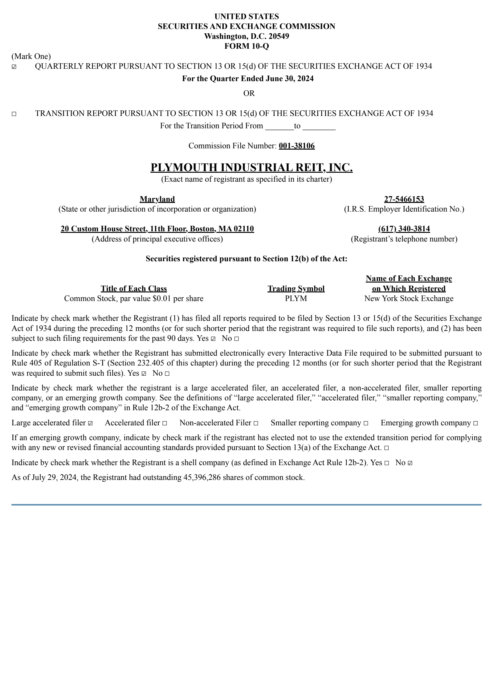 Plymouth Industrial REIT's Q2 2024 Quarterly report