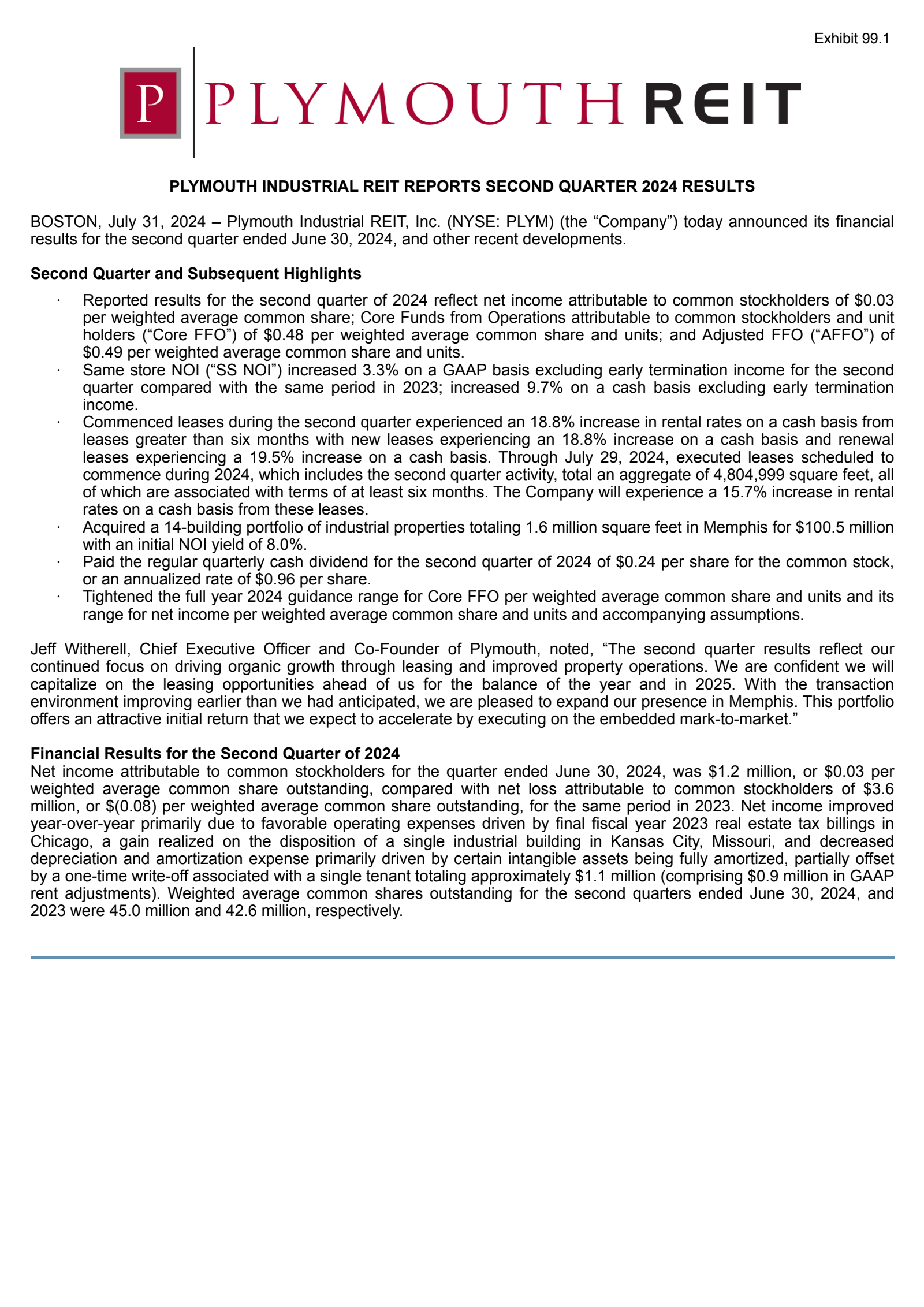 Plymouth Industrial REIT's Q2 2024 Press Release