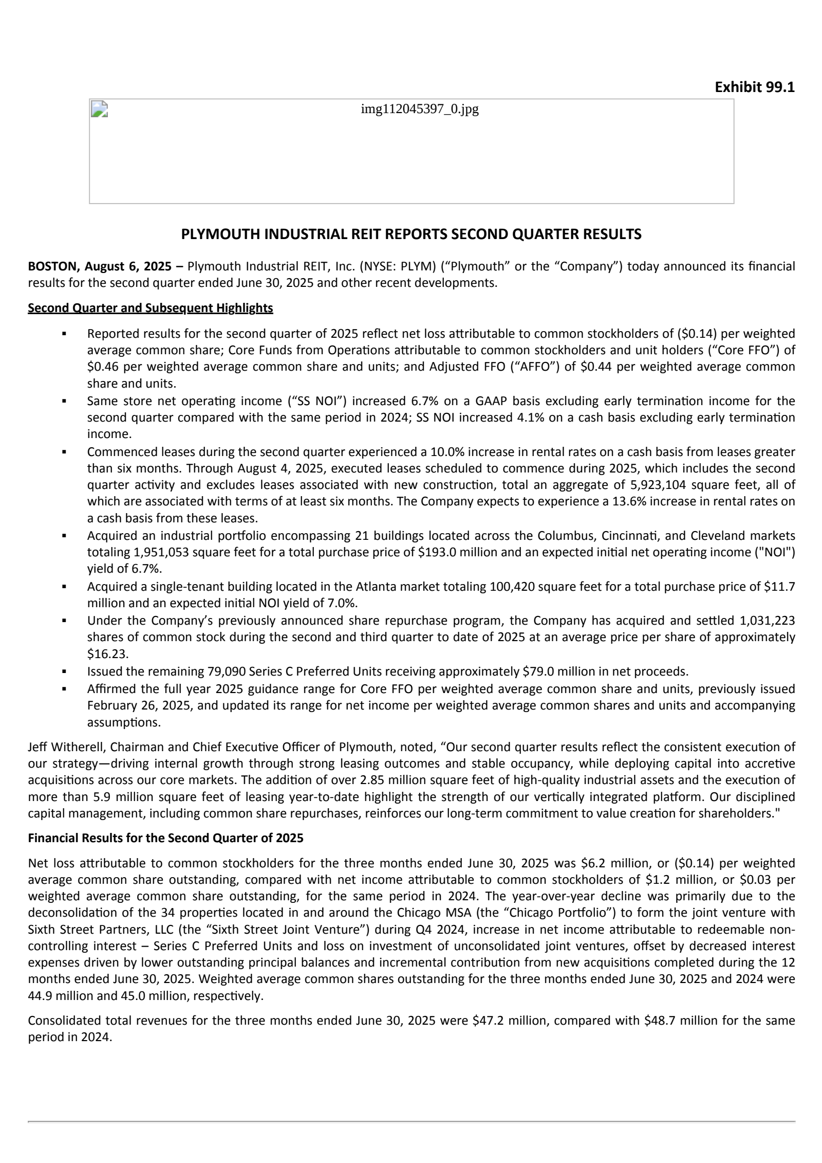 Plymouth Industrial REIT's Q2 2025 Press Release