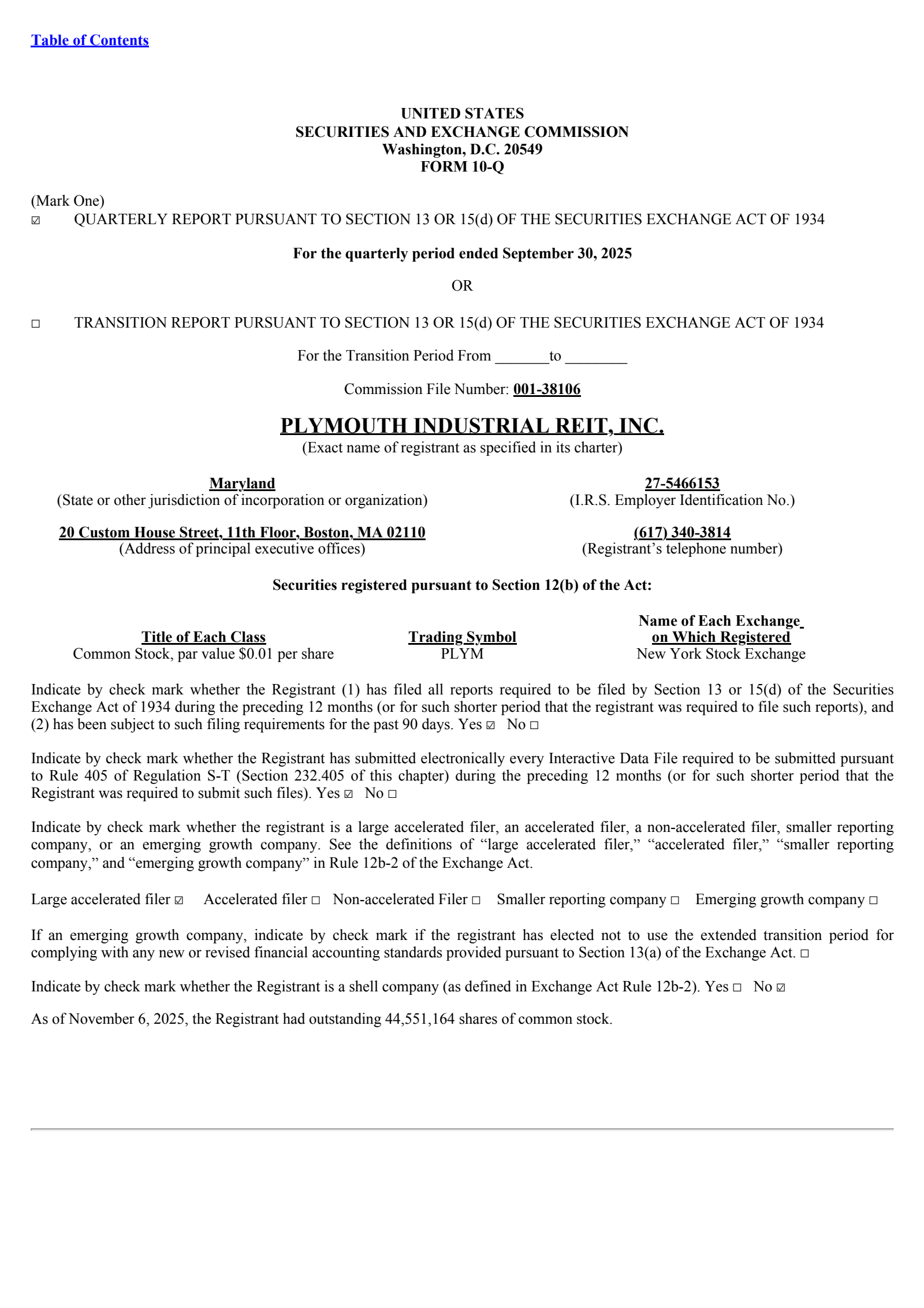 Plymouth Industrial REIT's Q3 2025 Quarterly Report