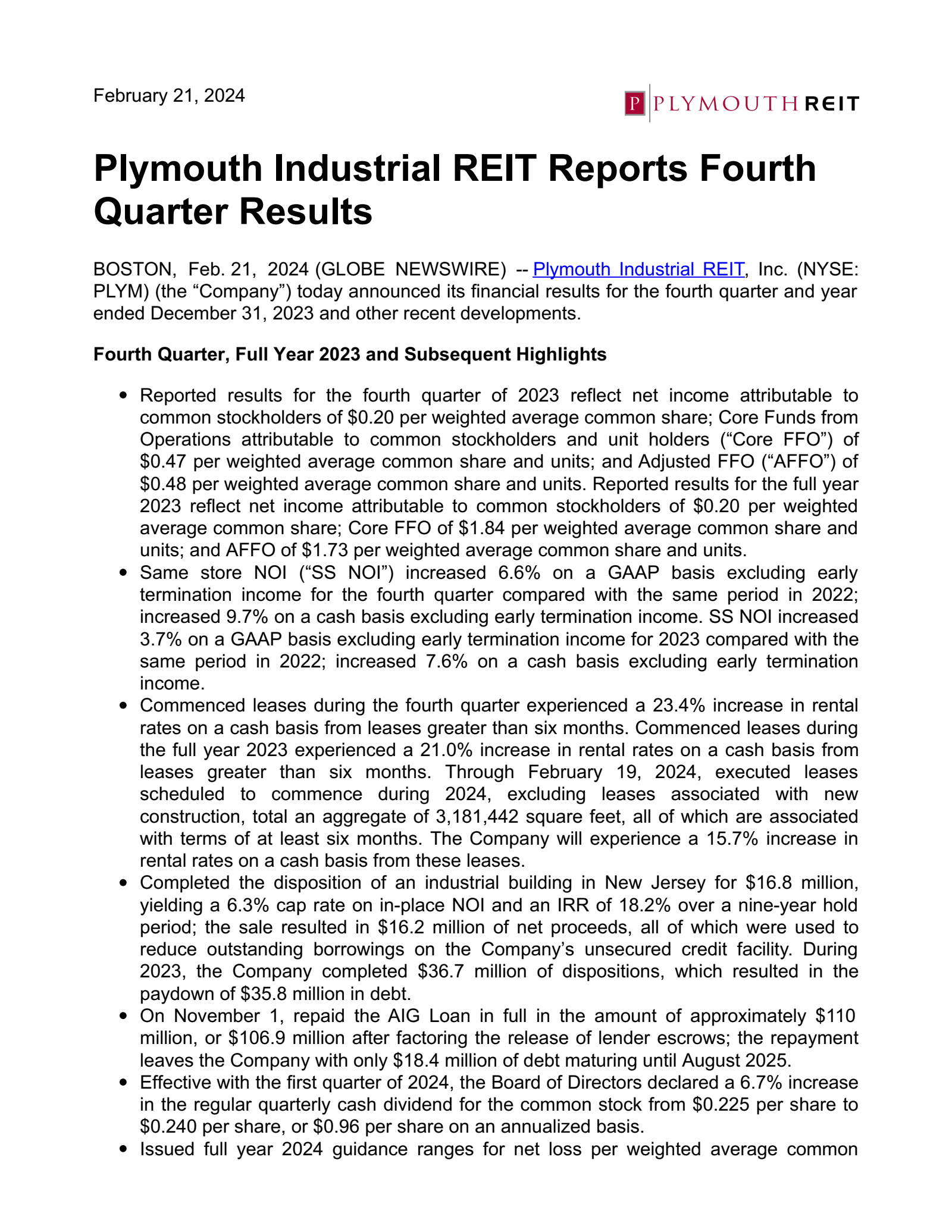 Plymouth Industrial REIT's Q4 2023 Press Release