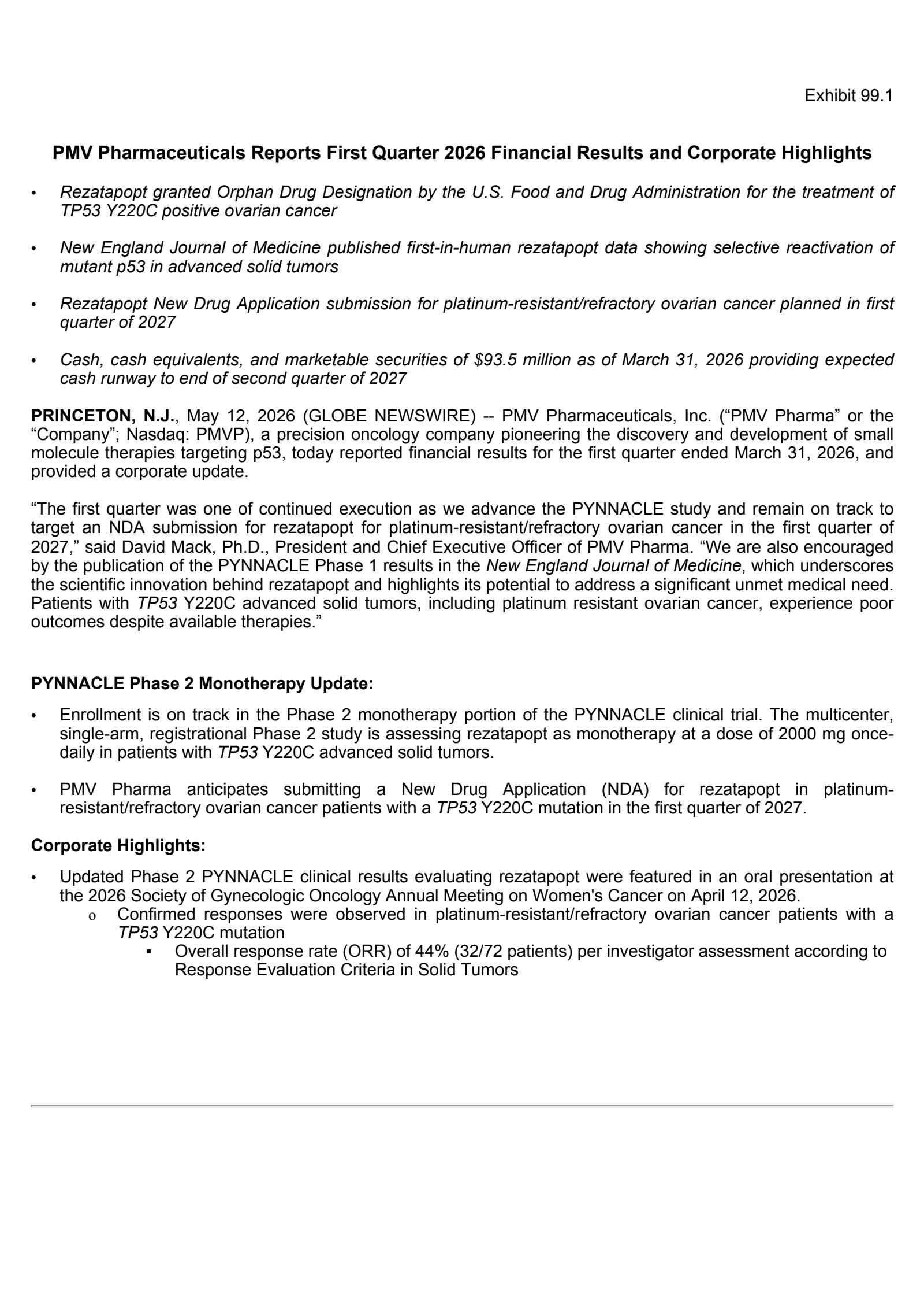 PMV Pharmaceuticals' Q1 2026 Press Release