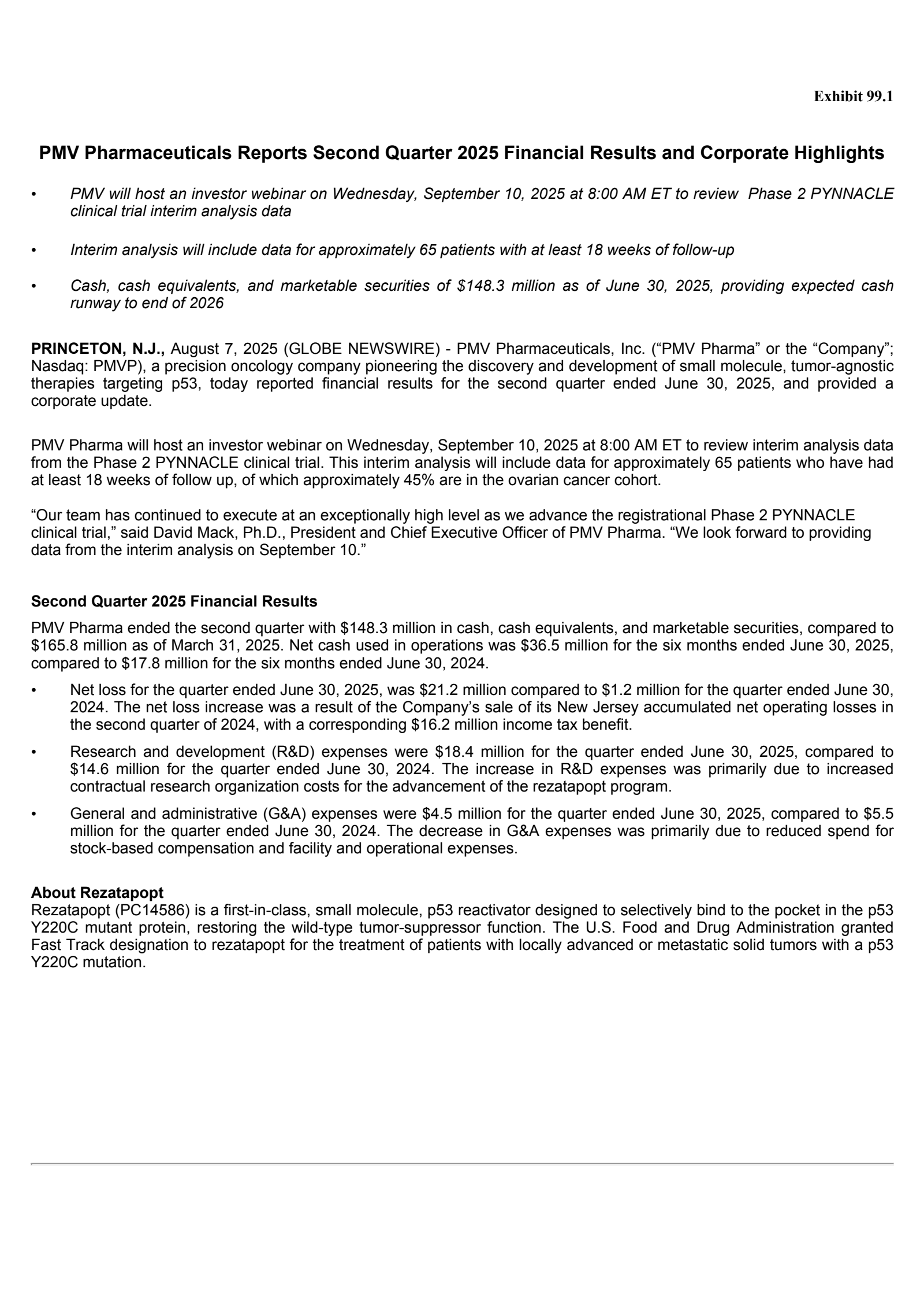 PMV Pharmaceuticals' Q2 2025 Press Release