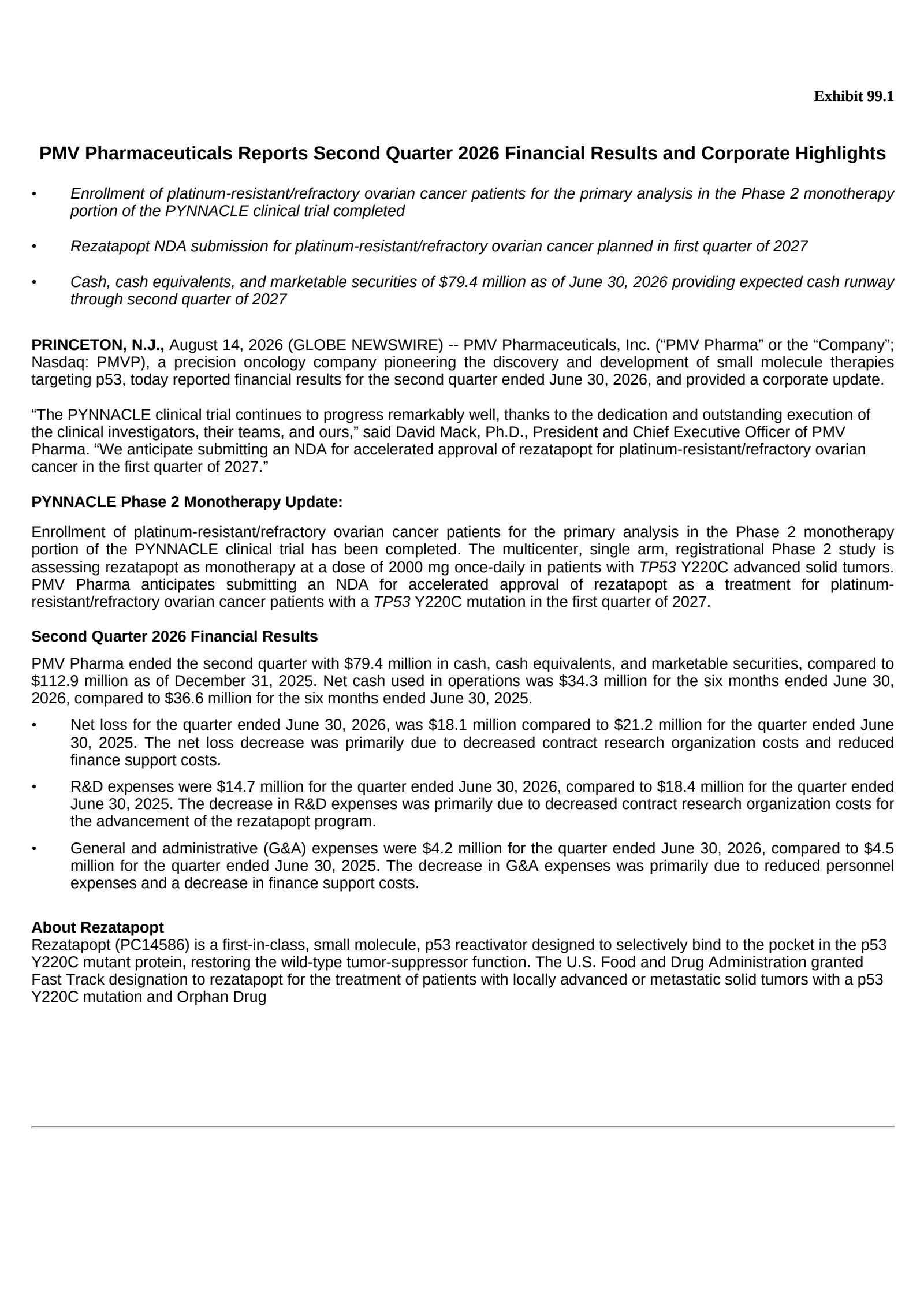 PMV Pharmaceuticals' Q2 2026 Press Release